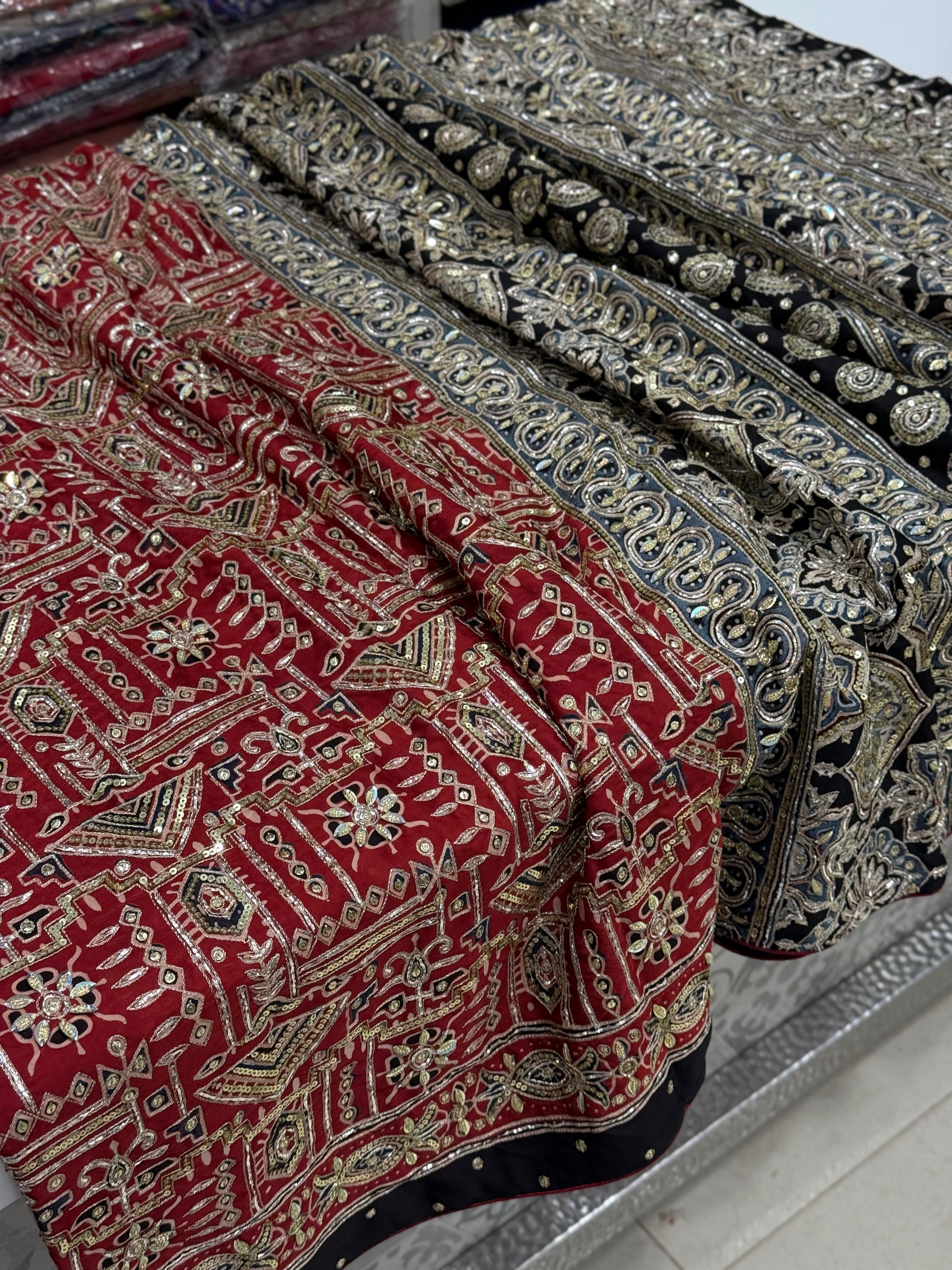 Red Contemporary Pita Zardosi Sequin Ajrakh Hand Embroidery Saree