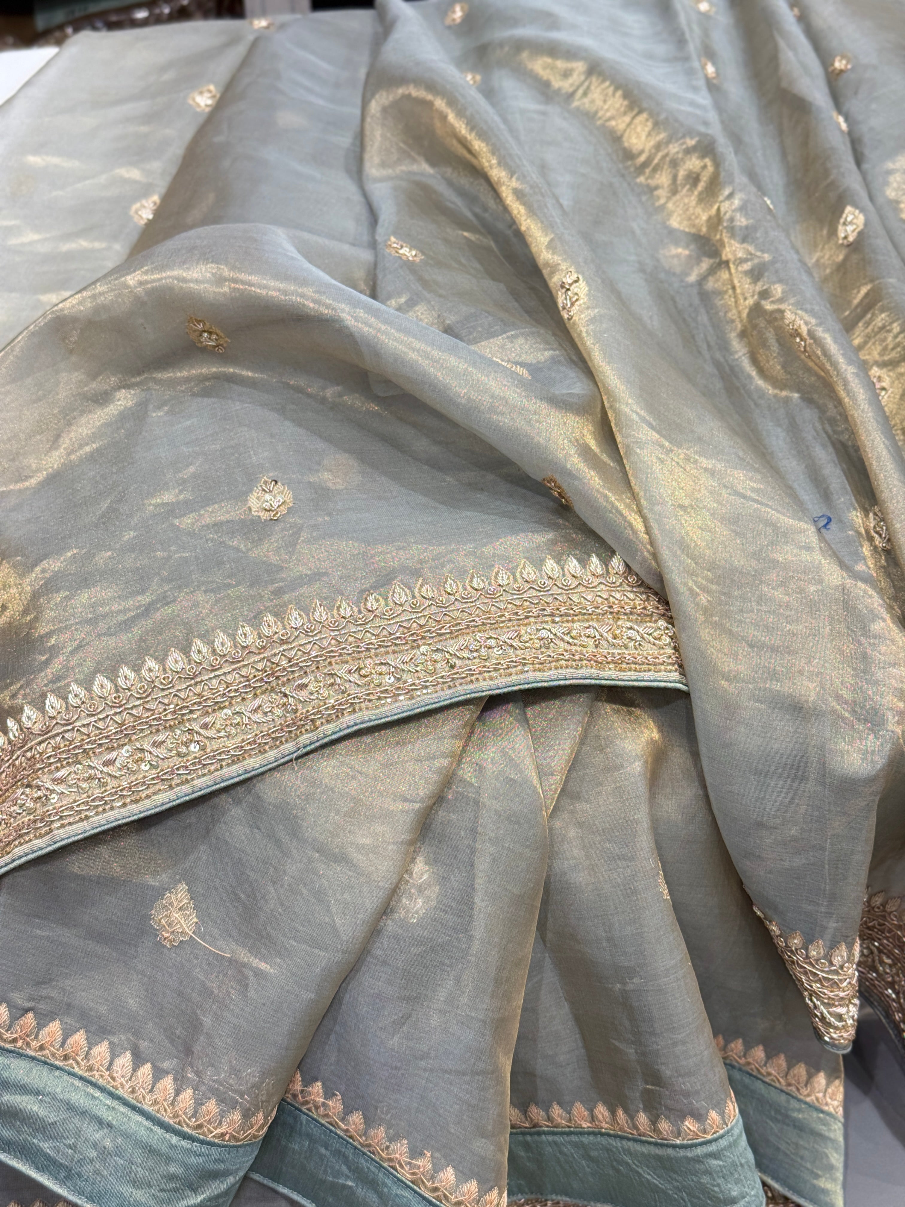 Cement Grey Banarasi Tissue Kadwa Buttas Zardosi Hand Embroidery Saree