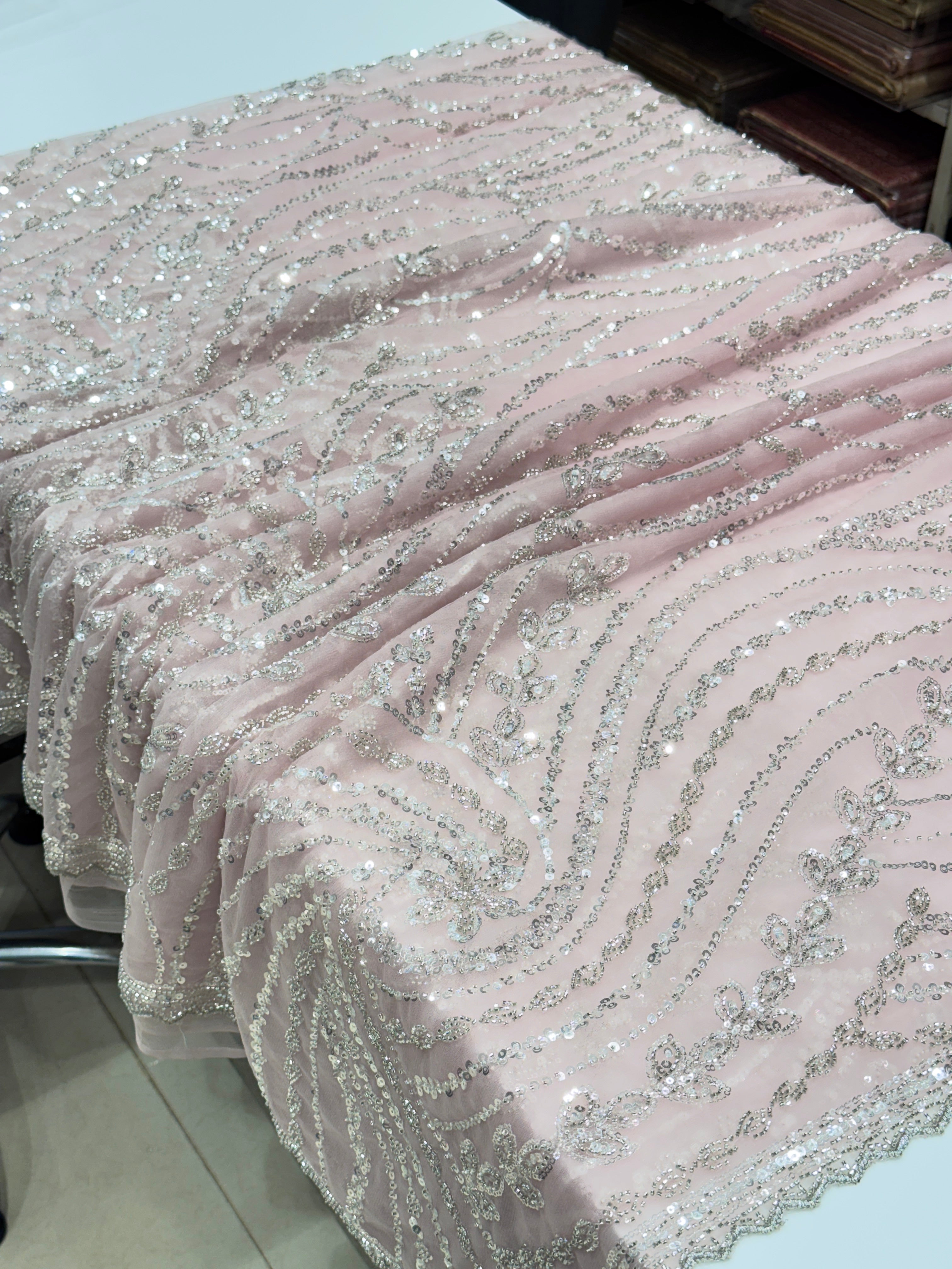 Pink Soft Net Sequin Moti Embroidery Saree