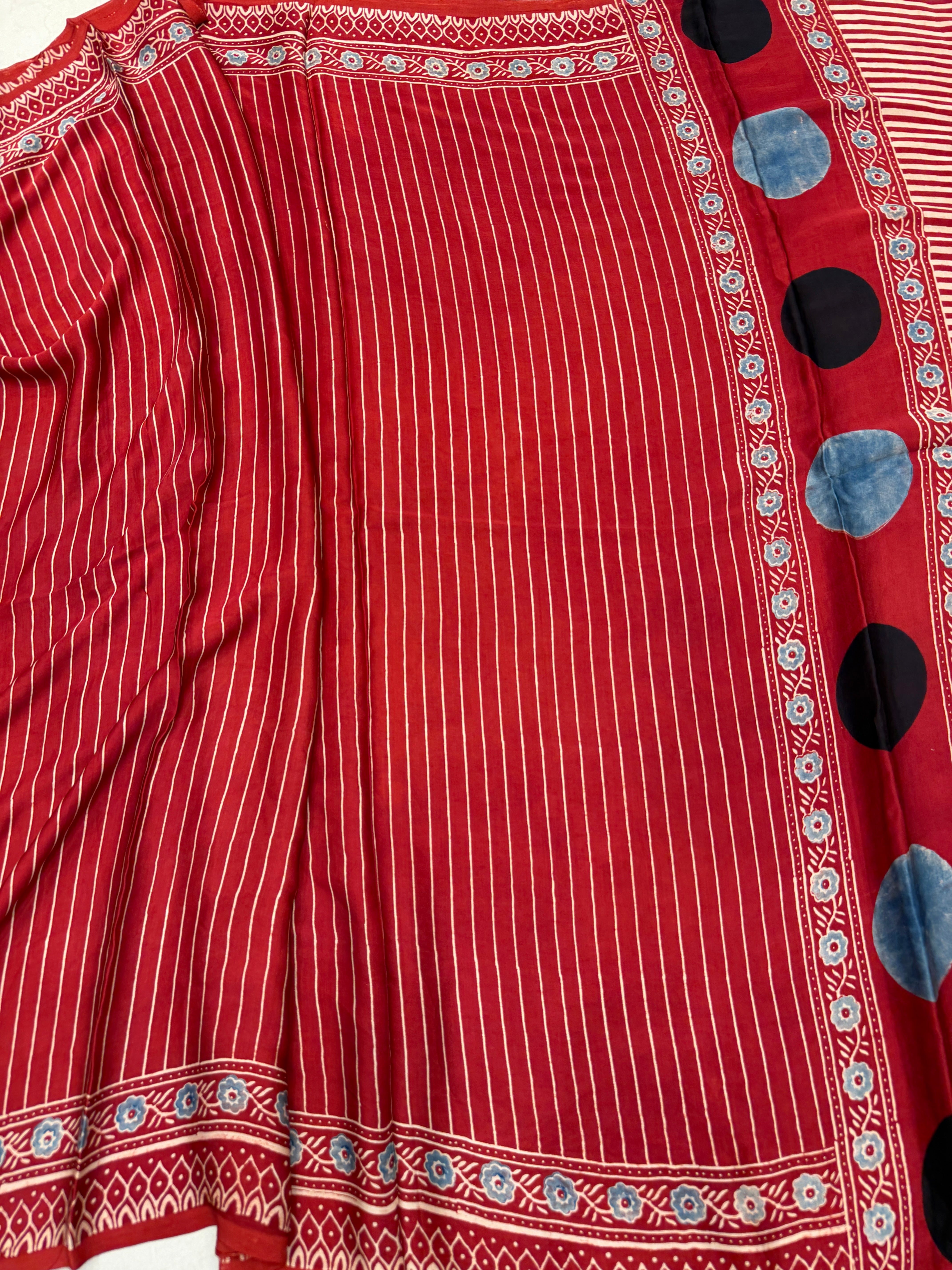Red Contemporary Moon Pallu Ajrakh Block Print Hand Pure Gajji Silk Saree
