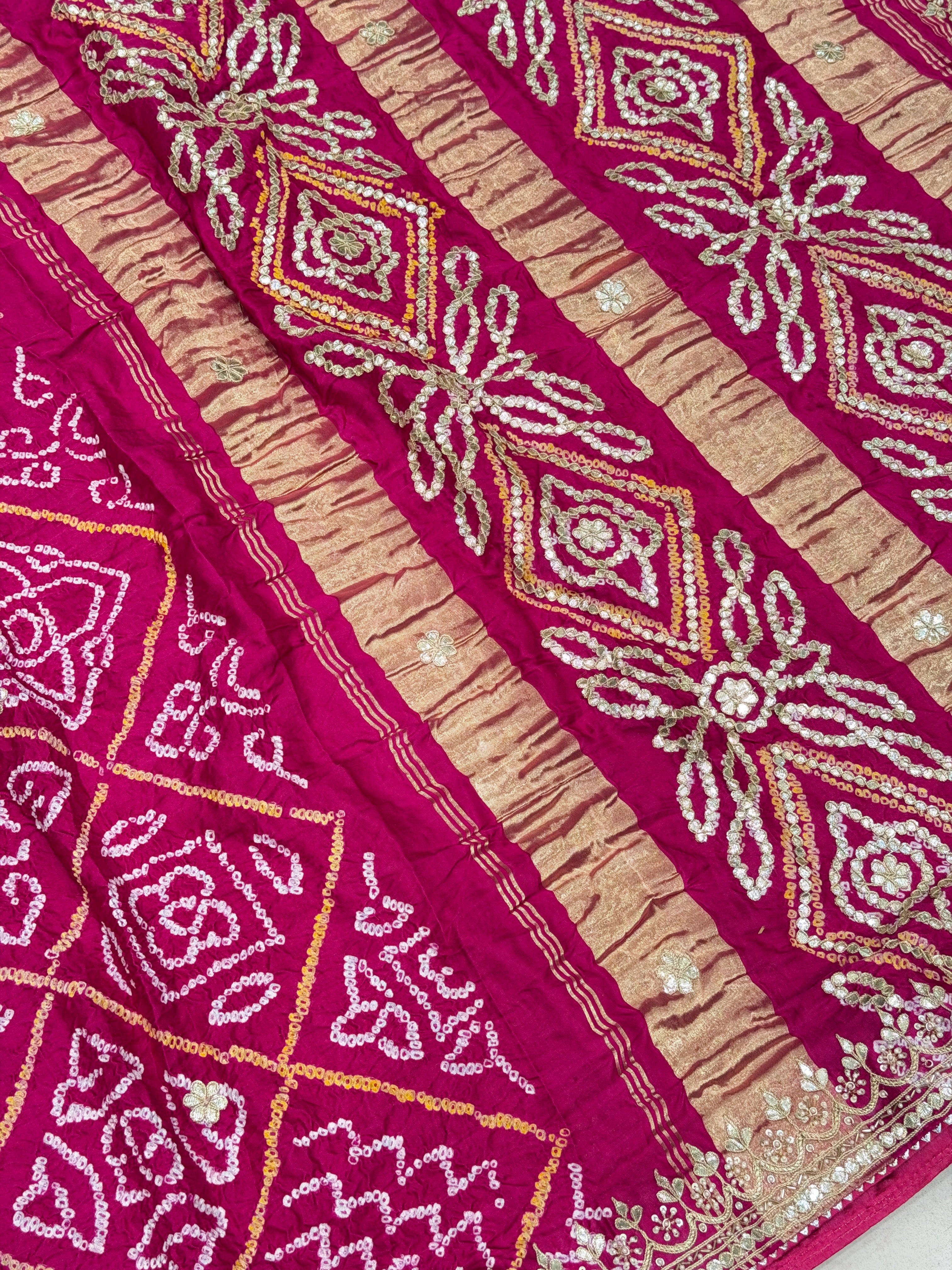 Rani Pink Gajji Silk Bandhej Gotapatti Hand Embroidery Saree
