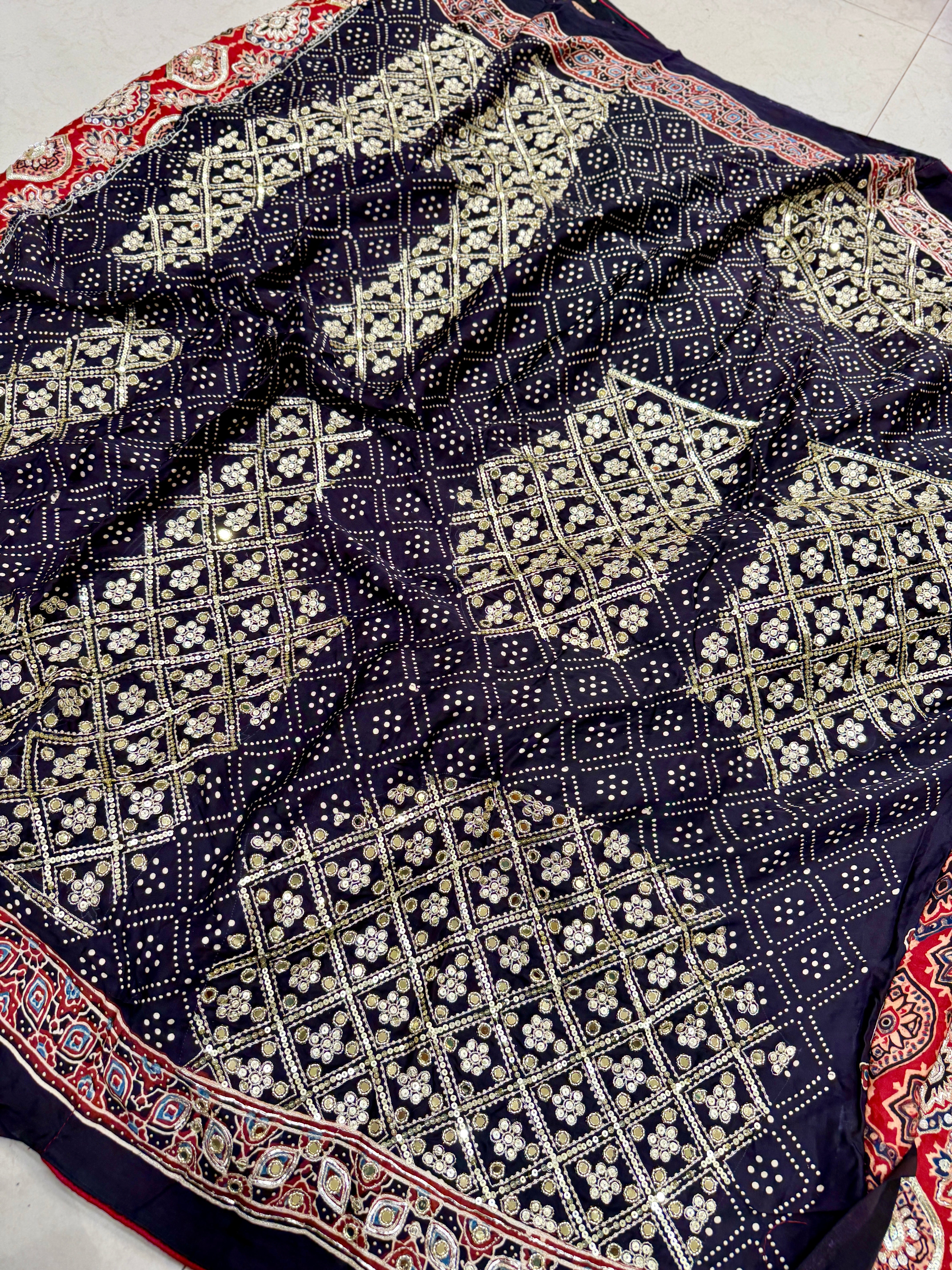 Red Black Badam Jaal French Knot Pita Zardosi Sequin Ajrakh Hand Embroidery Saree
