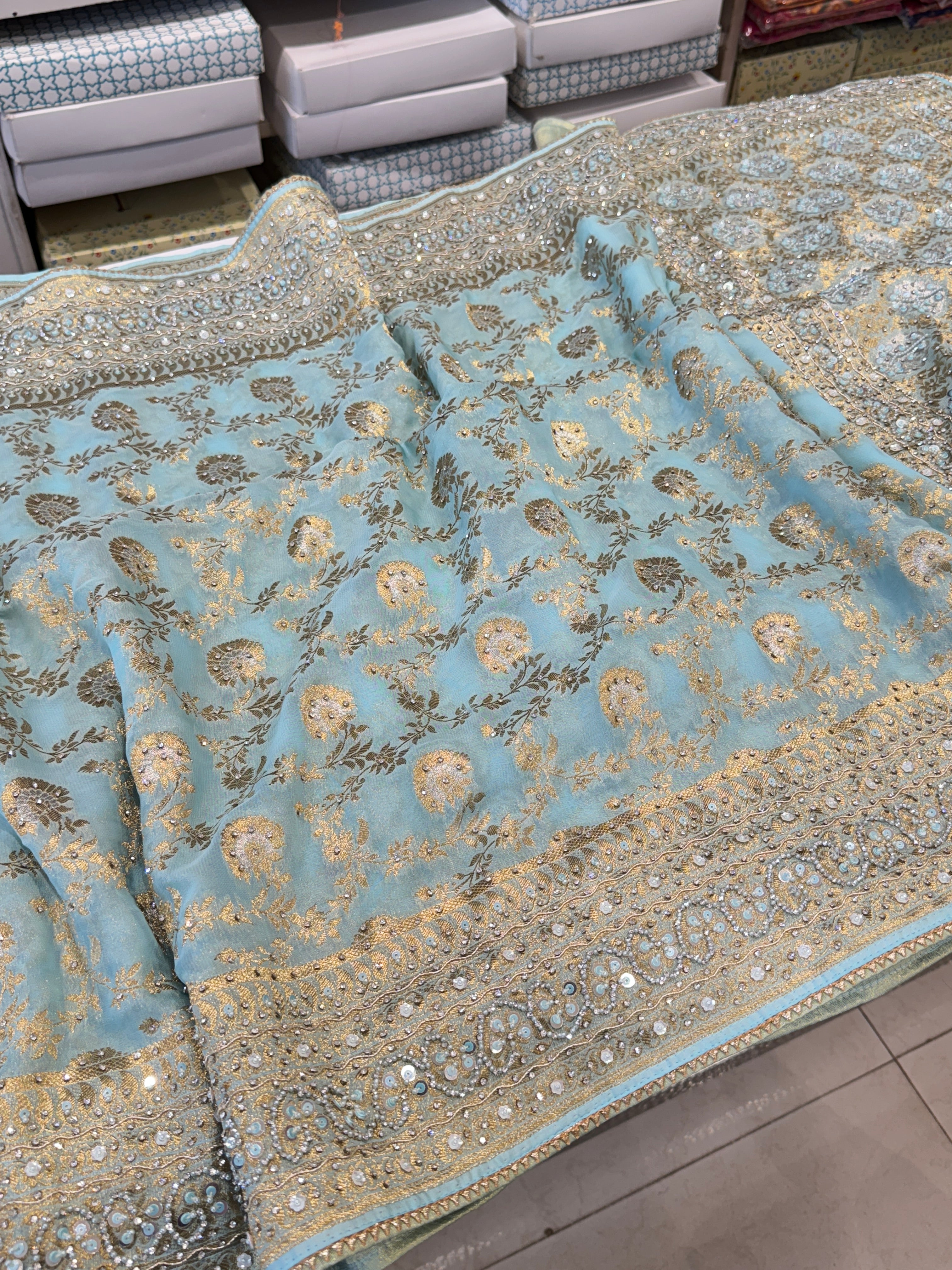 Light Blue Banarasi Khaddi Georgette Hand Embroidery Saree