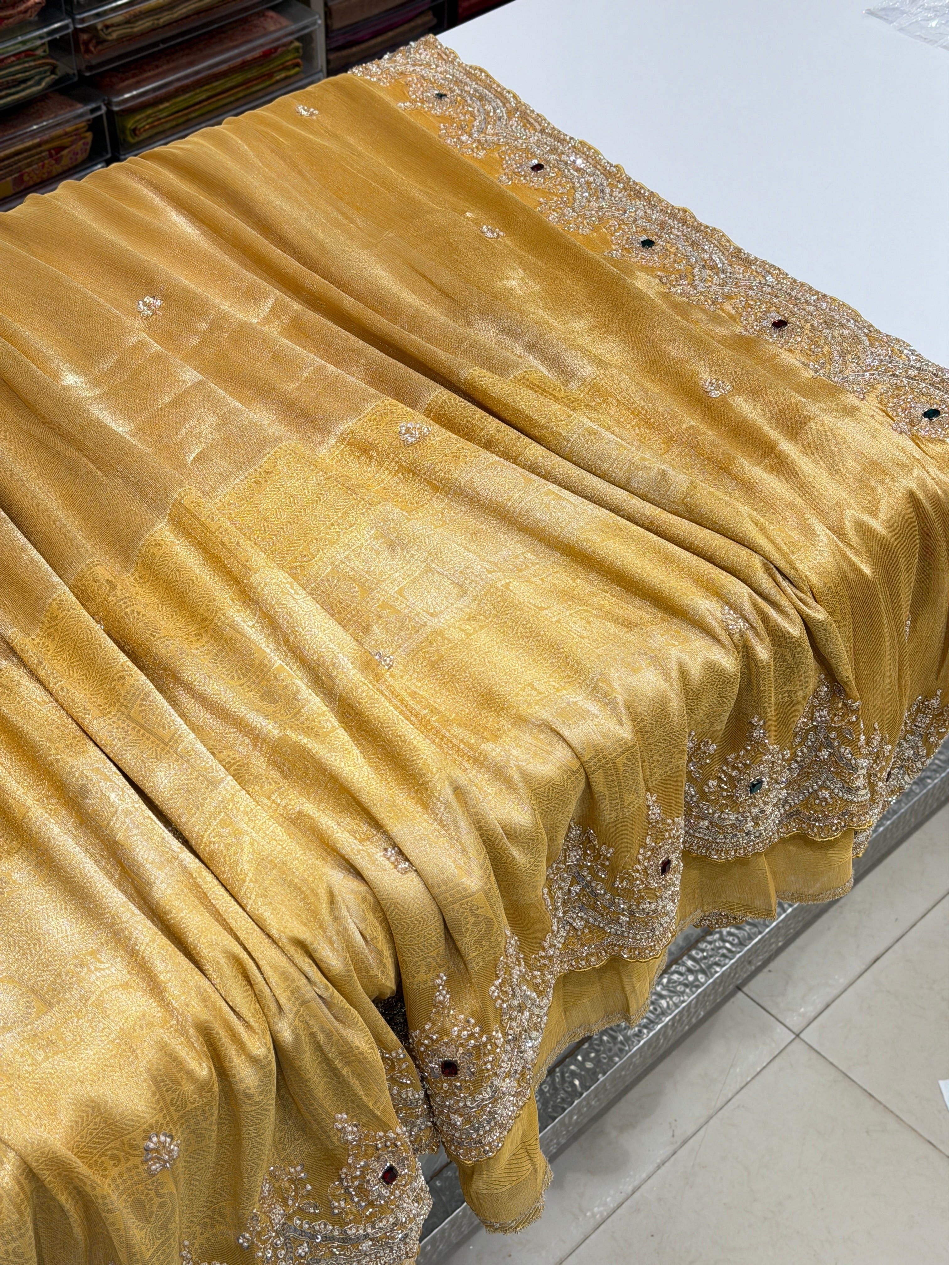 Yellow Tissue Crepe Kanchi Style Weave Crystal Embroidery Saree