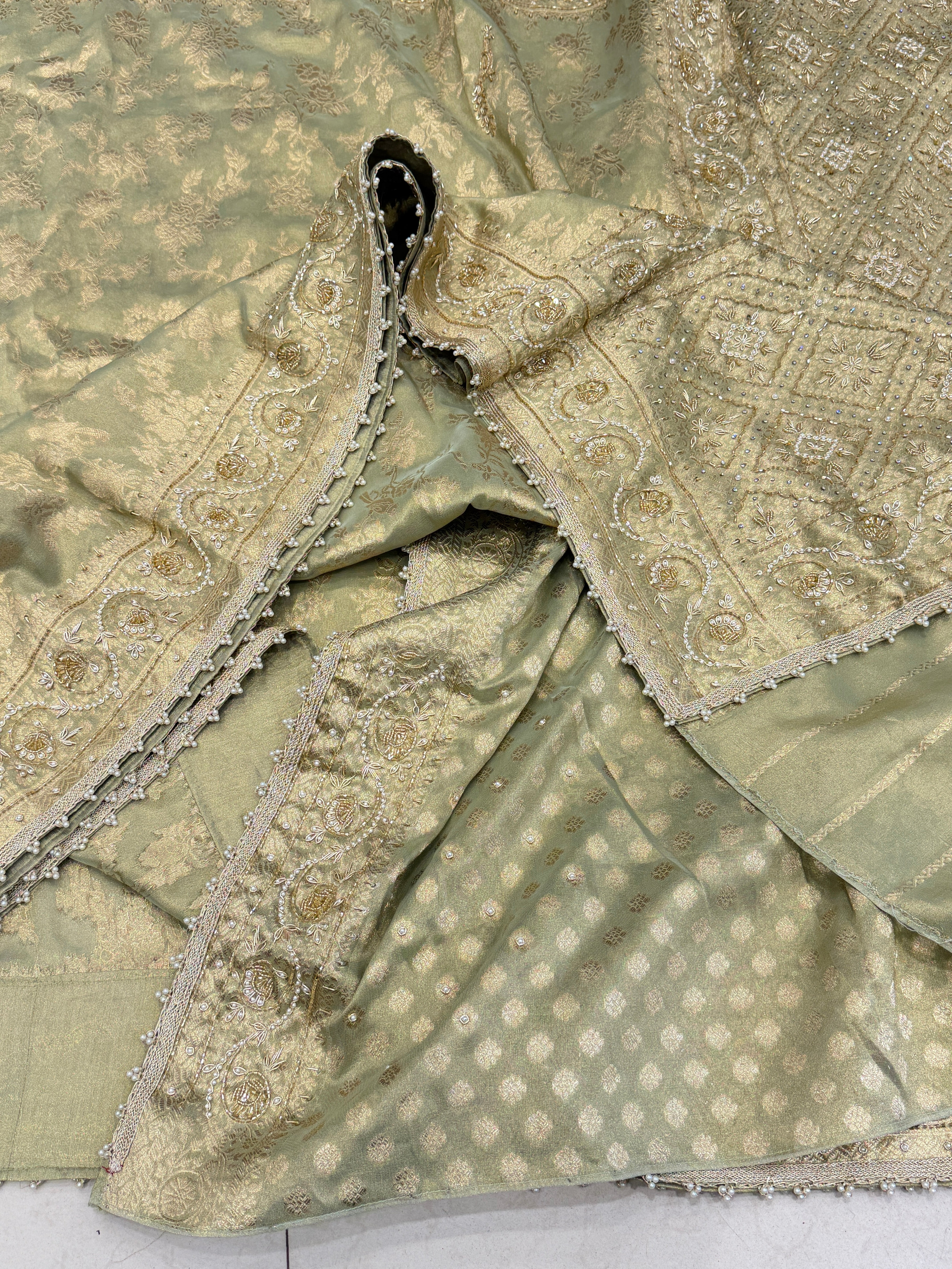 Pista Green Tissue Jaal Zardosi Moti Embroidery Saree