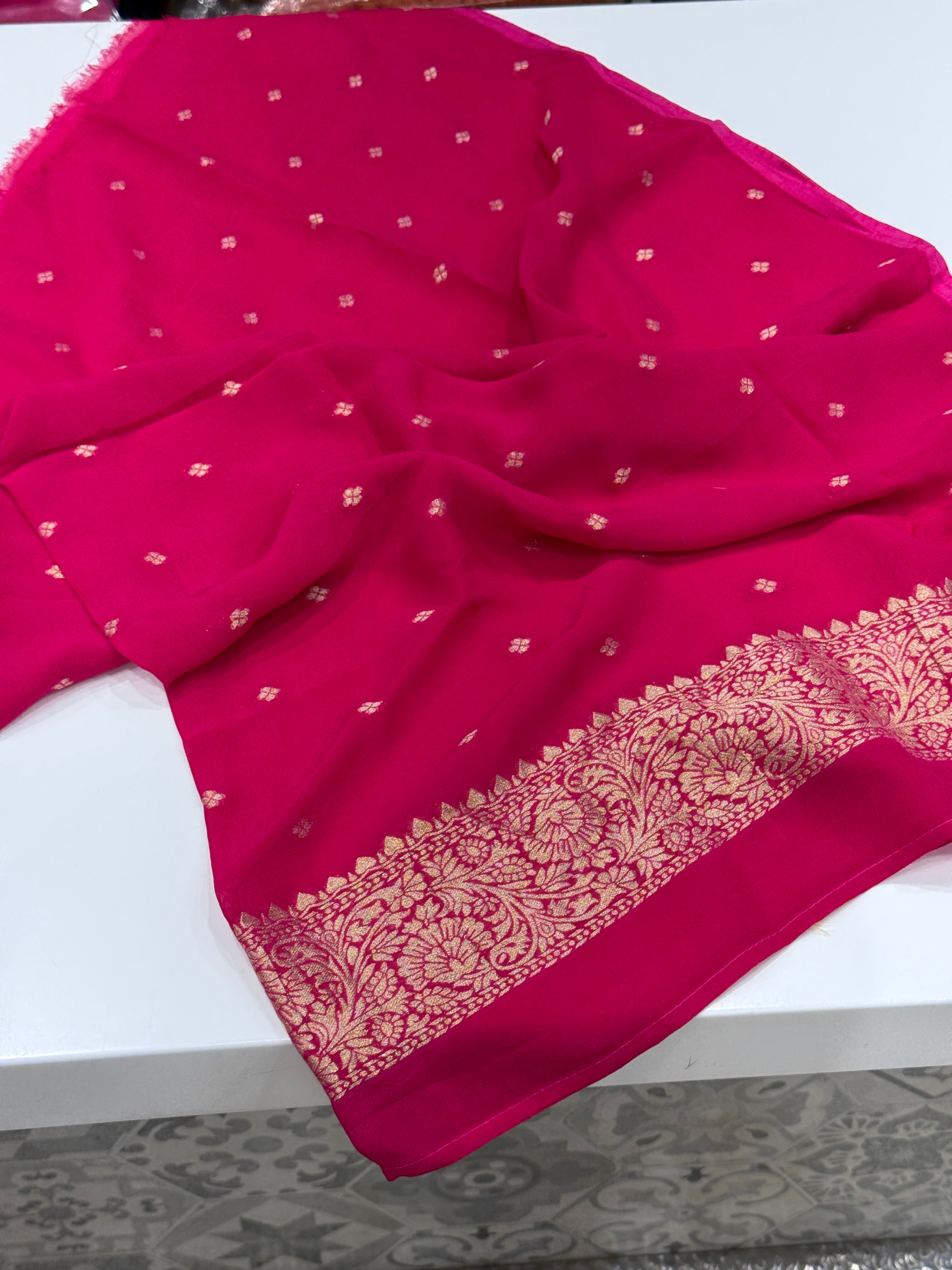 Pink Woven Bandhej Sona Roopa Georgette Saree with contrast Blouse