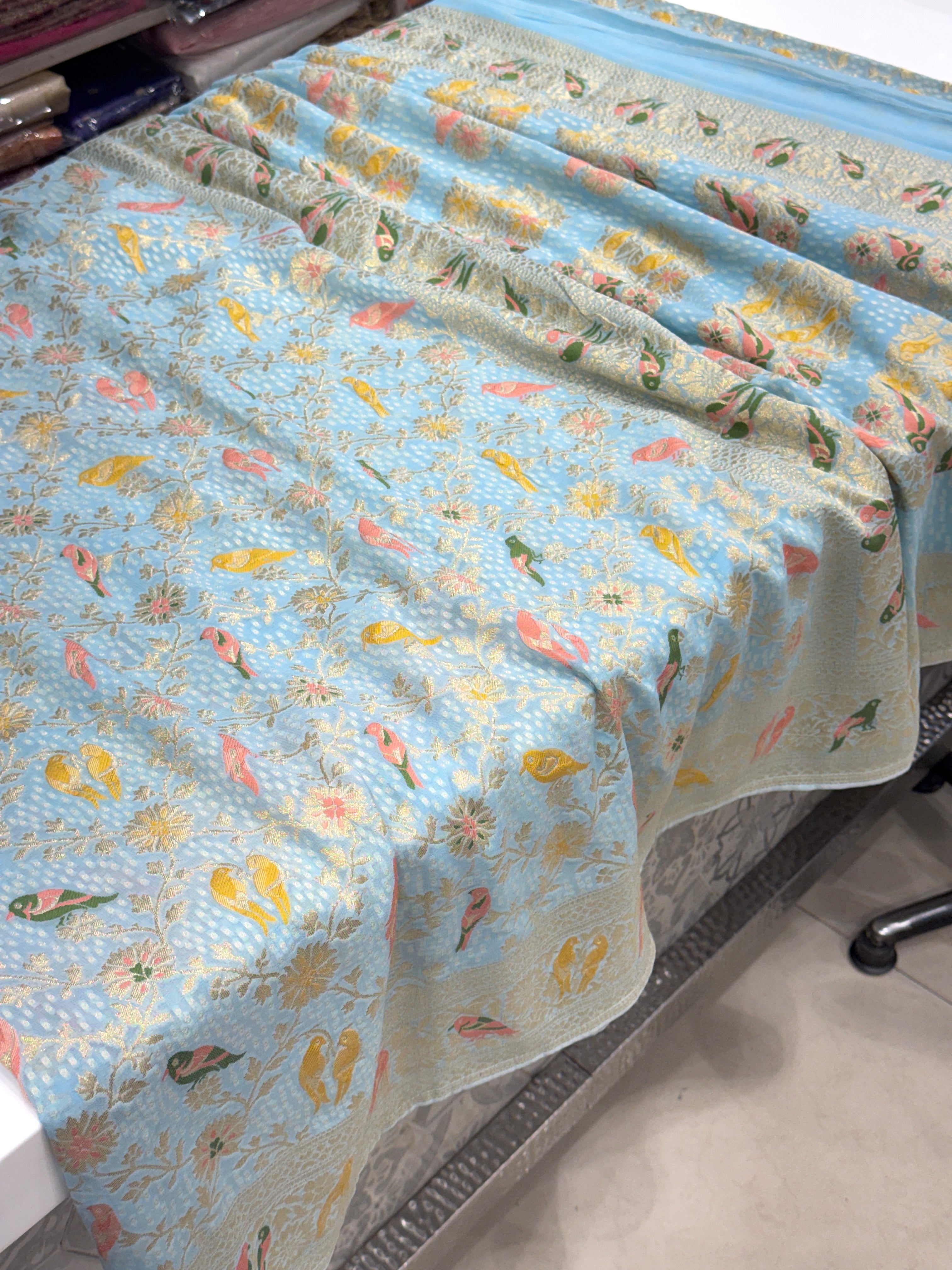 Light Blue Woven Bandhej Meenakari Parrot Motif Saree