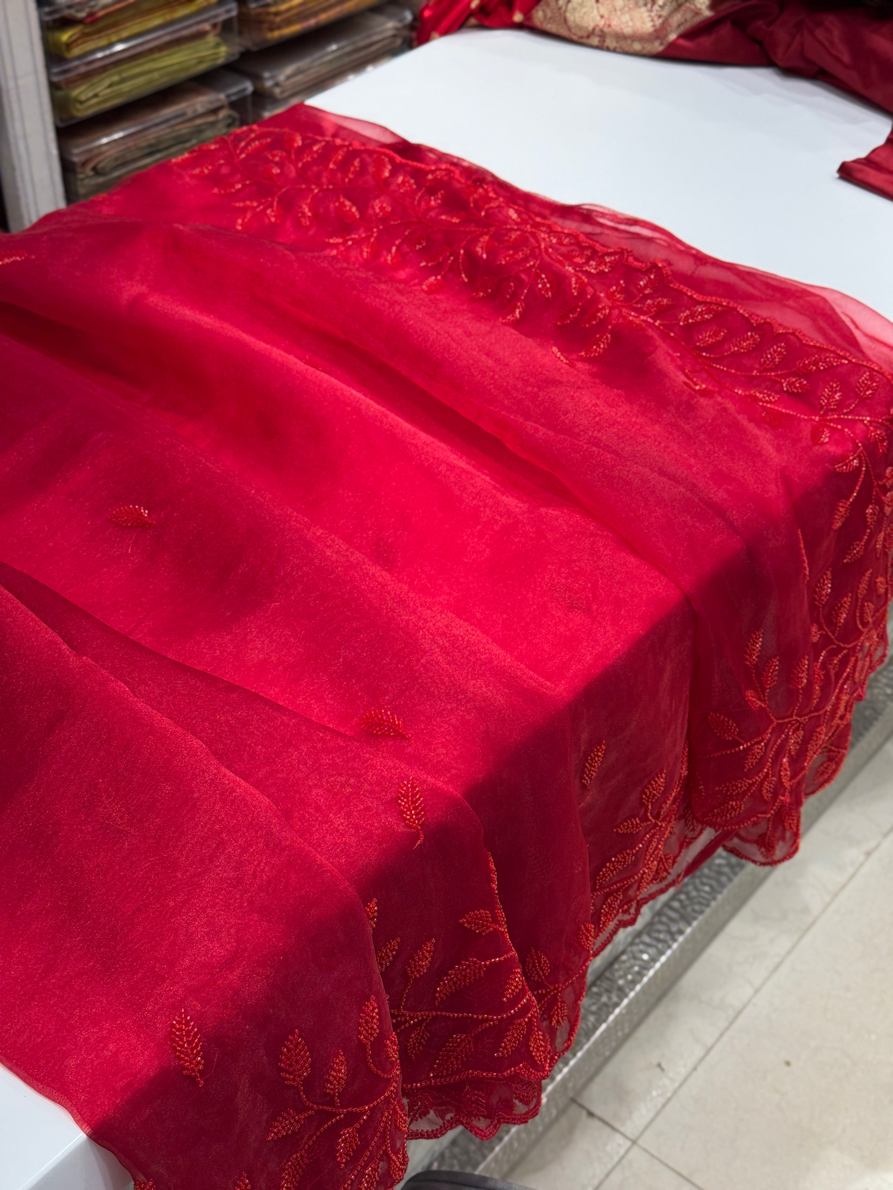 Red On Red Tissue Organza Self Work Saree