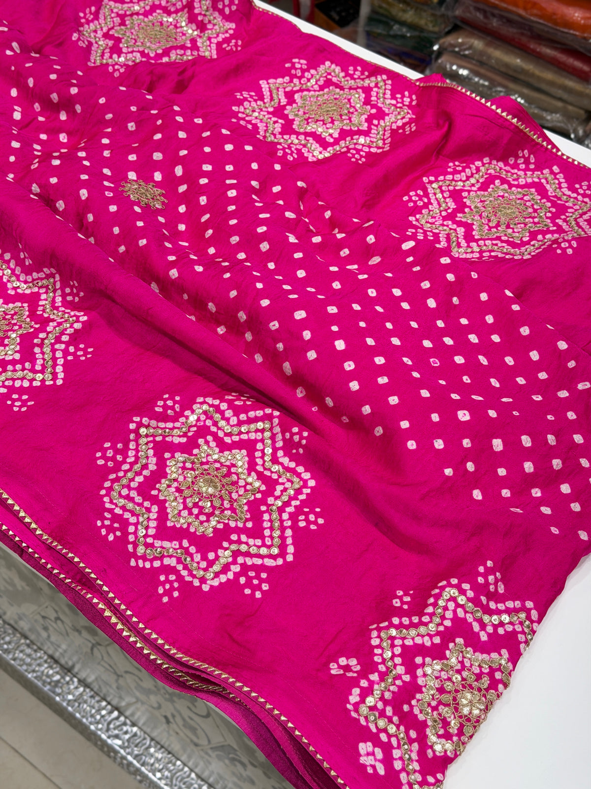 Rani Pink Faabiiana Inspired Gajji Silk Rai Bandhej Gotapatti Marodi Hand Embroidery Saree