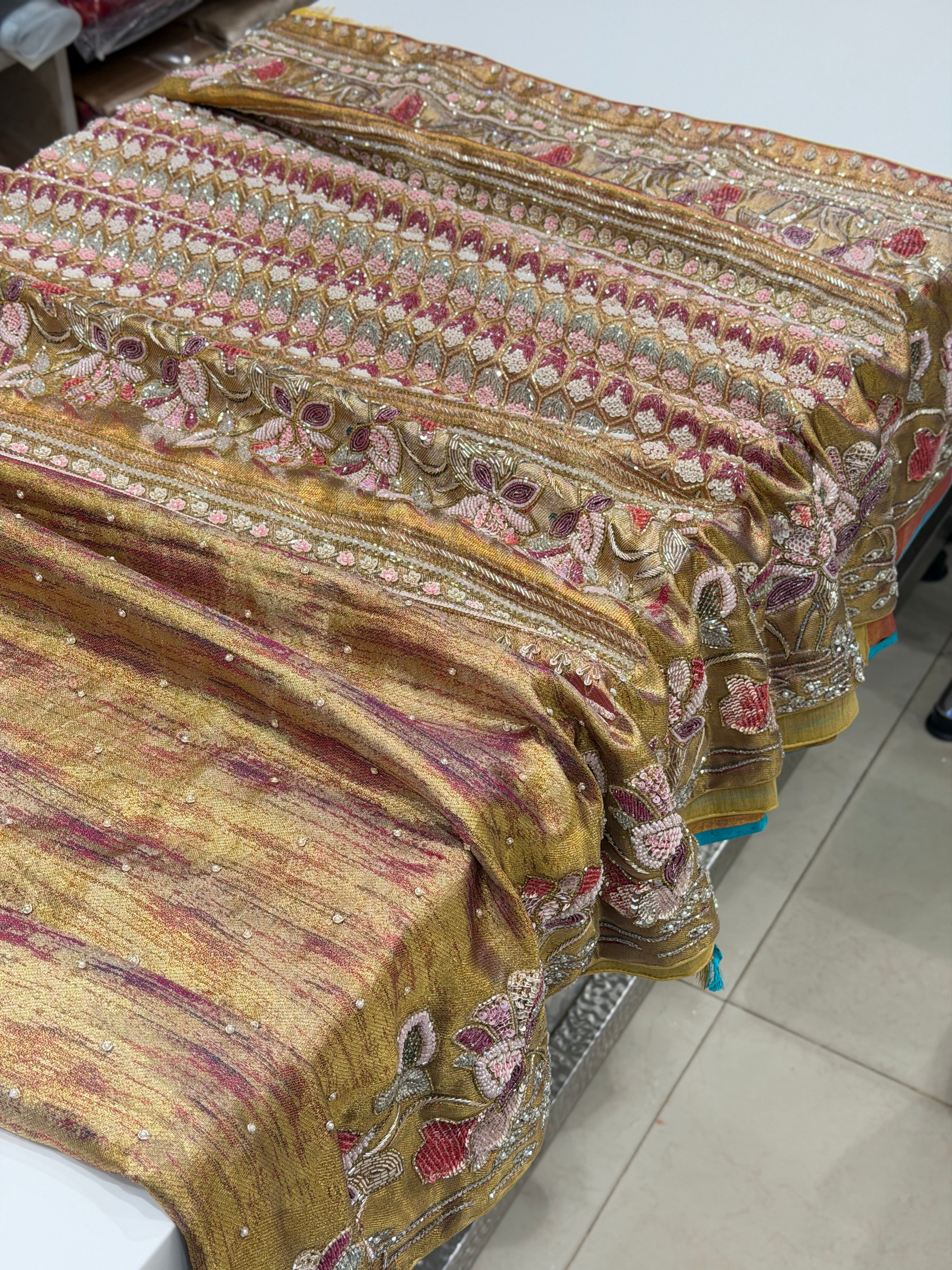 Contemporary Tissue Kanjivaram Moti Zardosi Hand Embroidery Saree