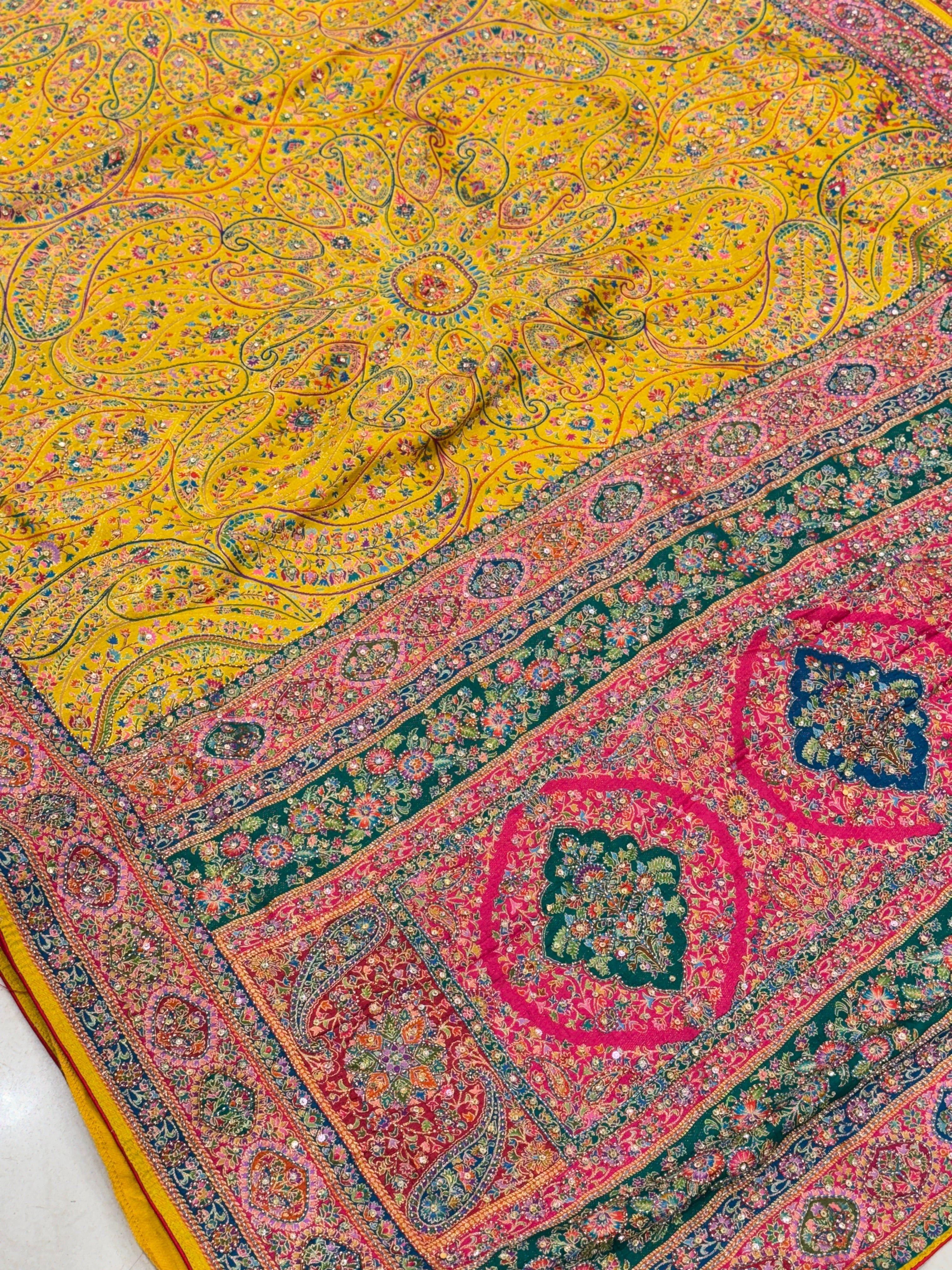 Yellow Banarasi Munga Pashmina Style Hand Embroidery Saree