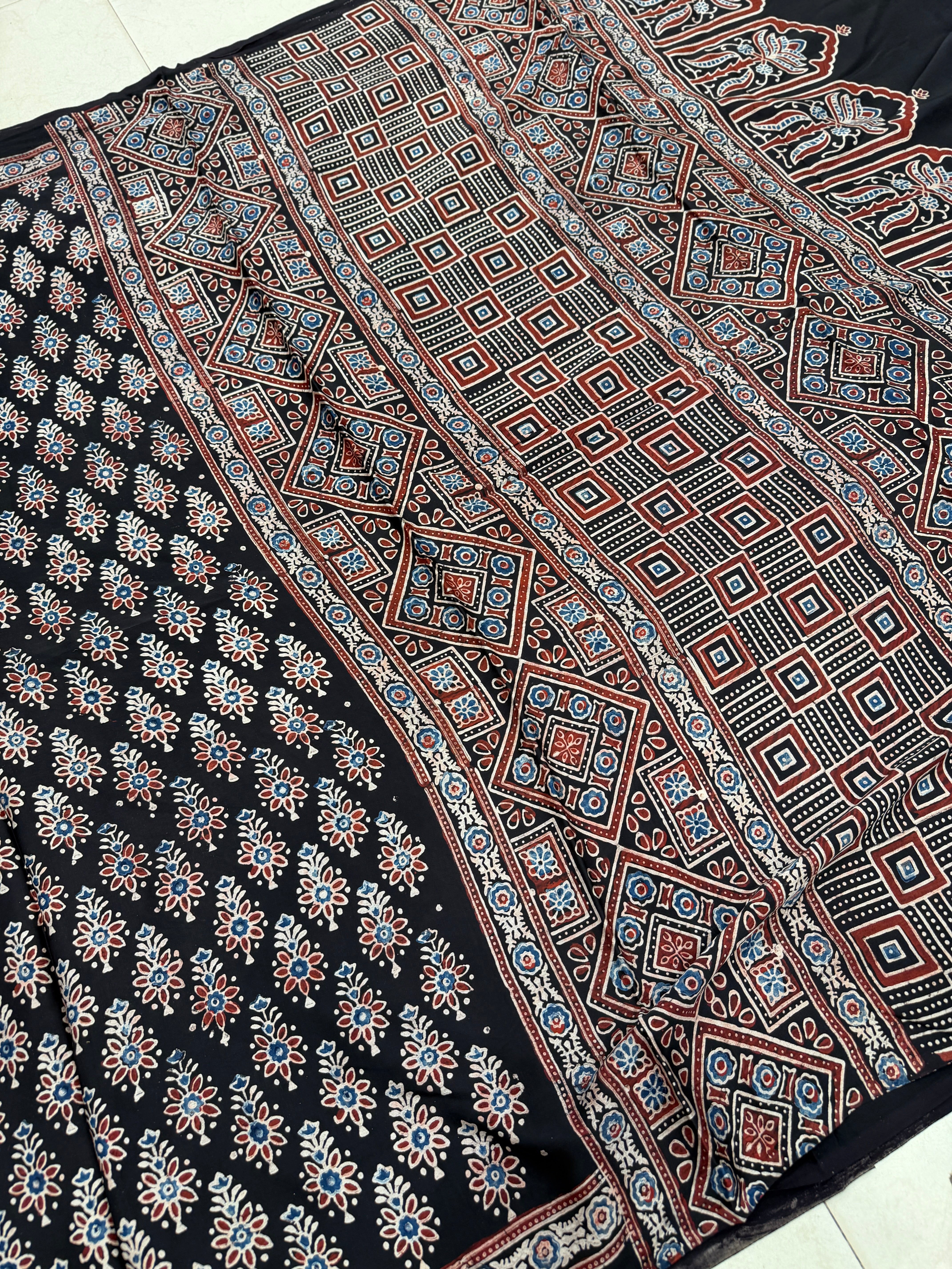 Black Buttis Ajrakh Hand Block Print Pure Gajji Silk Saree
