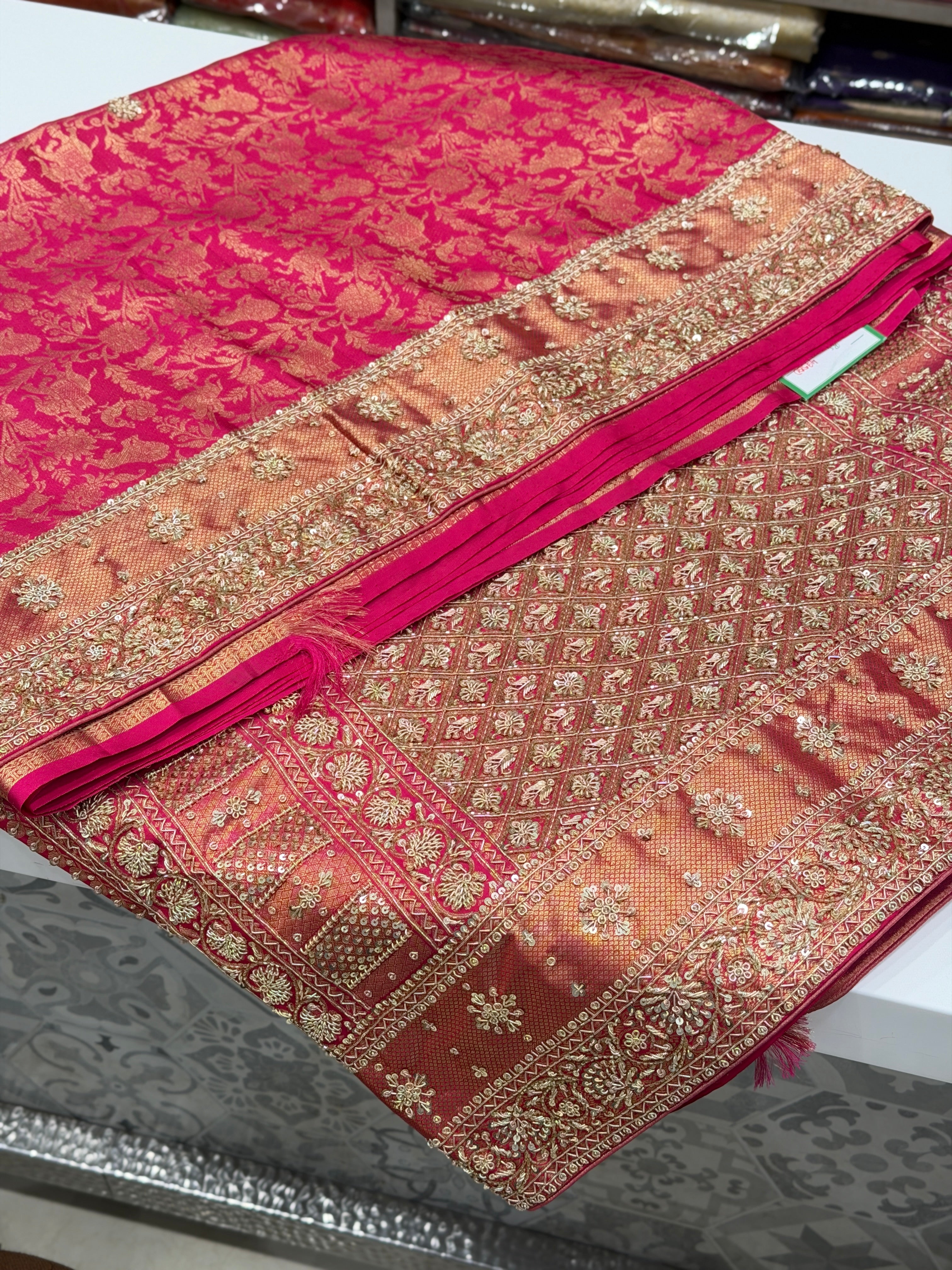 Rani Pink Shikara Kanjivaram Hand Embroidery Zardosi Saree