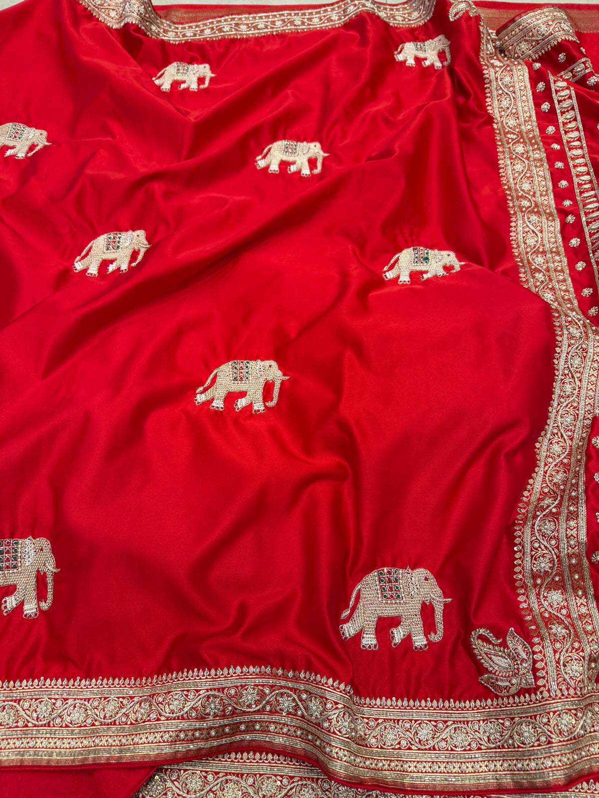Red Banarasi Gajraj Motif Zardosi Hand Embroidery Saree