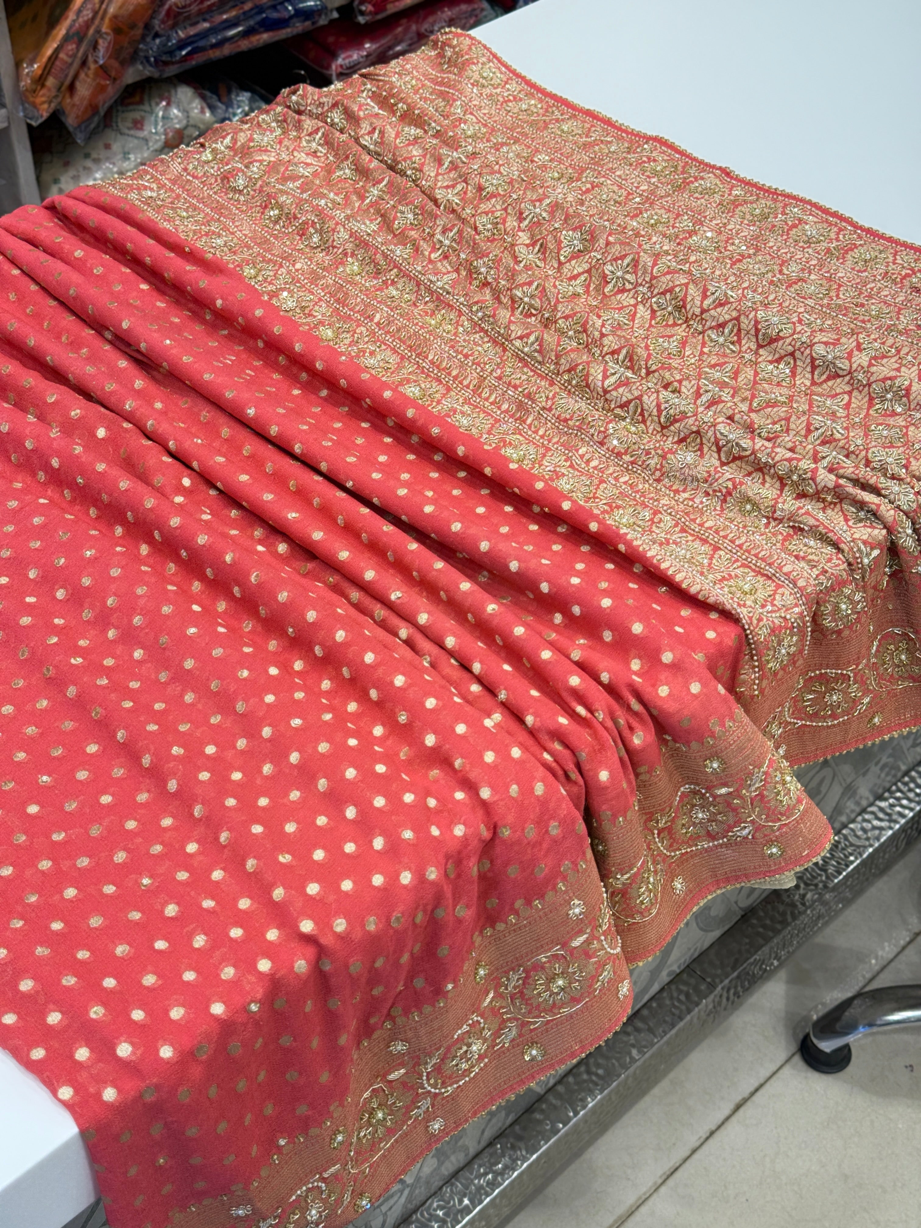 Peach Banarasi Khaddi Georgette Zardosi Embroidery Saree
