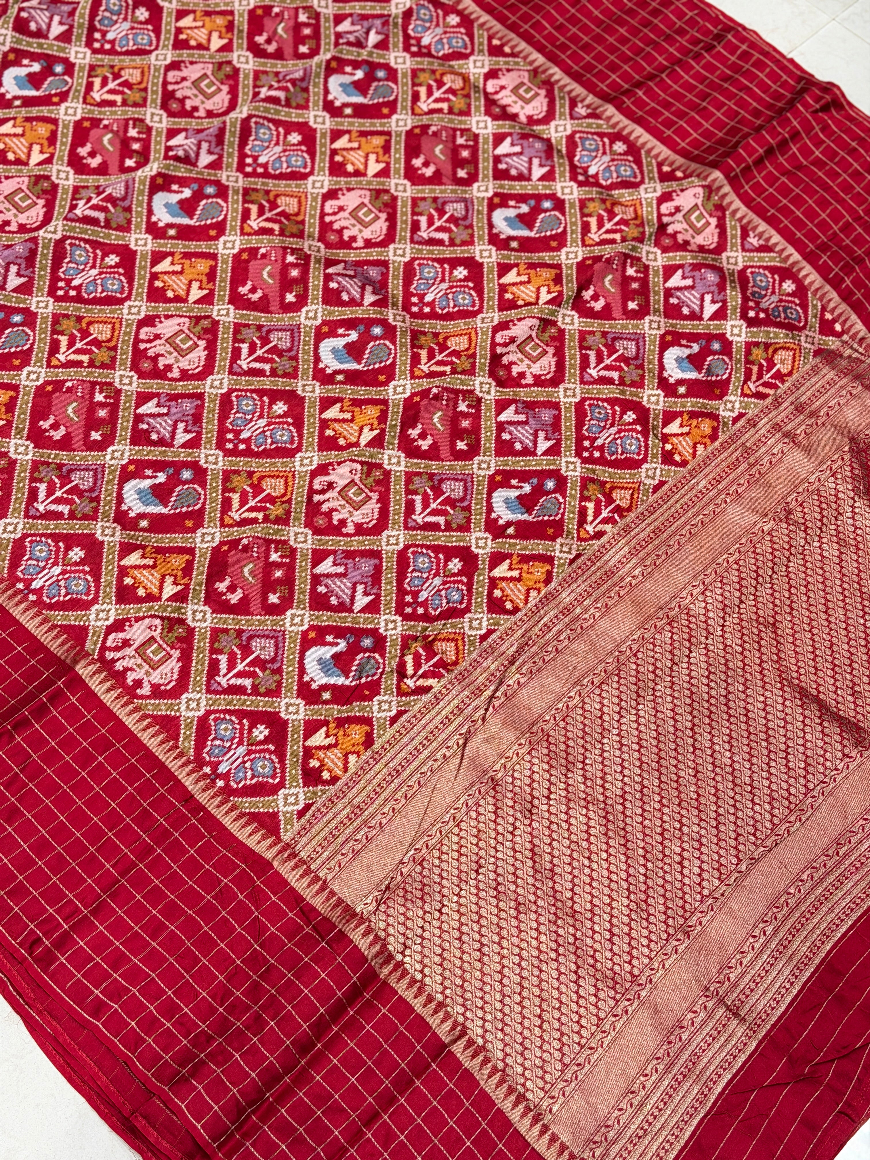 Red Munga Silk Patola Kanchi Style Checkered Border Fusion Saree