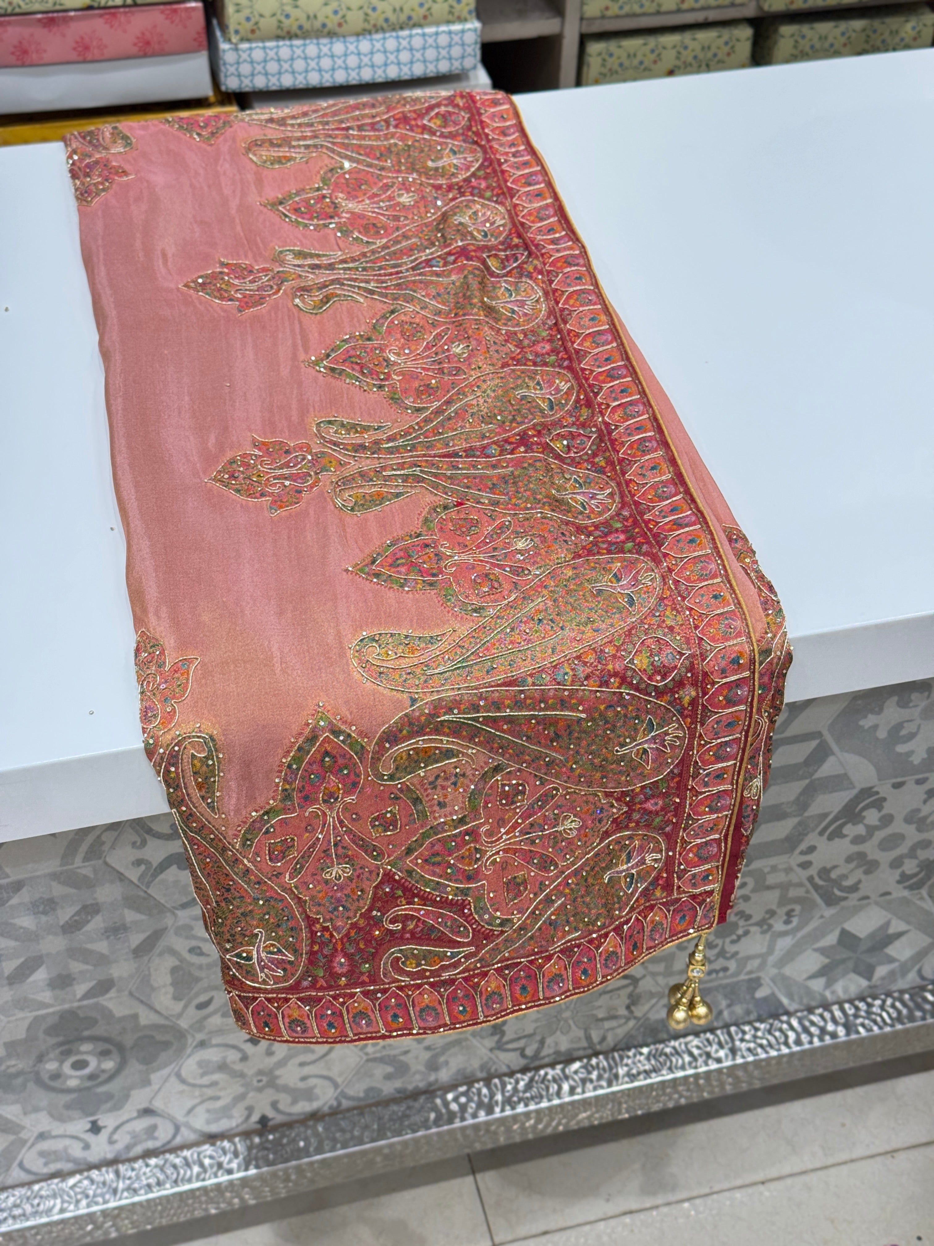 Pink Crepe Tissue Pashmina Style Embroidery Saree