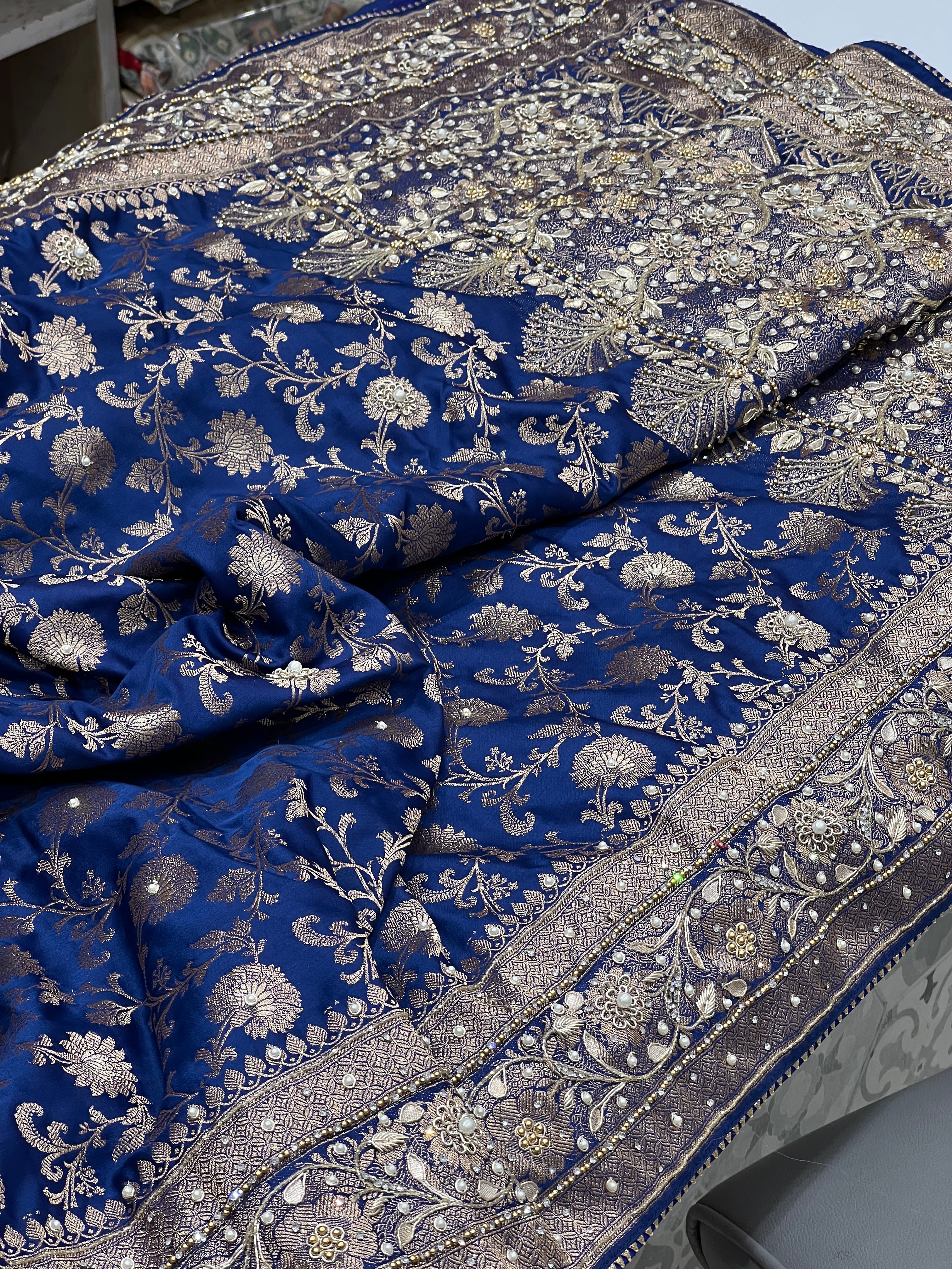 Blue Small Jaal Banarasi Silk Hand Embroidery Saree