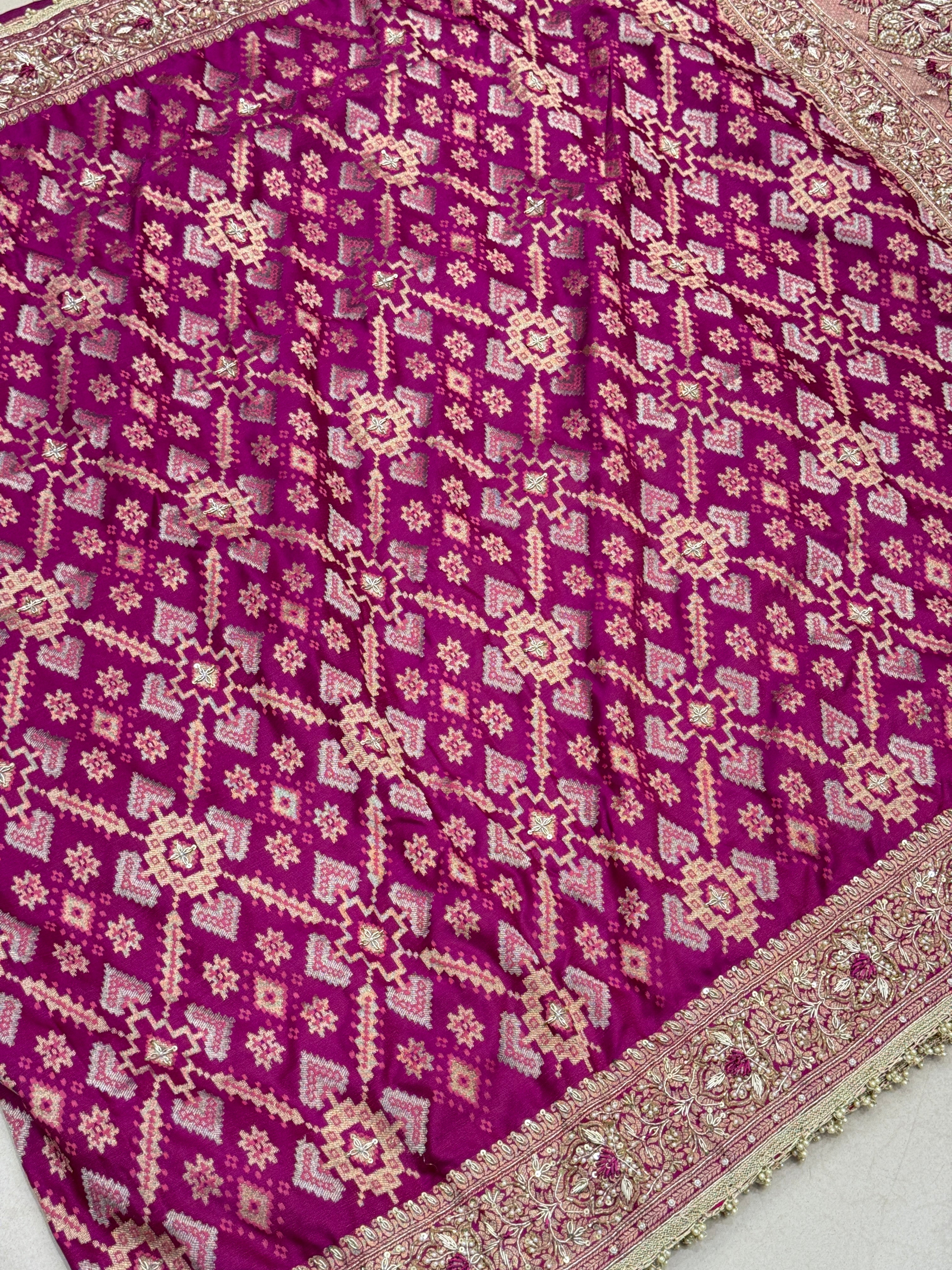 Wine Banarasi Patola Zardosi Knot Embroidery Saree