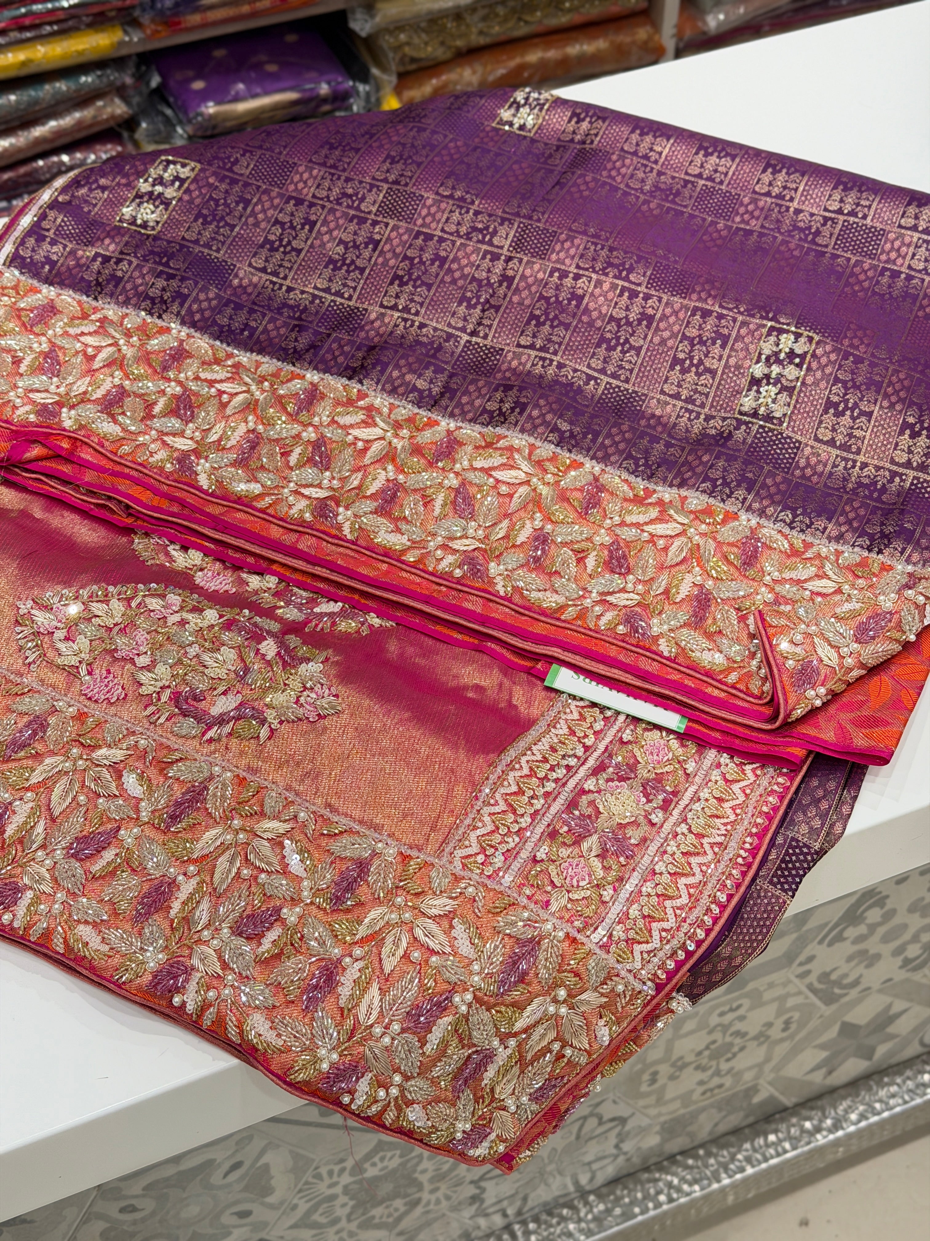 Violet Orange Kanjivaram Zardosi Moti Hand Embroidery Saree with Heavy Blouse