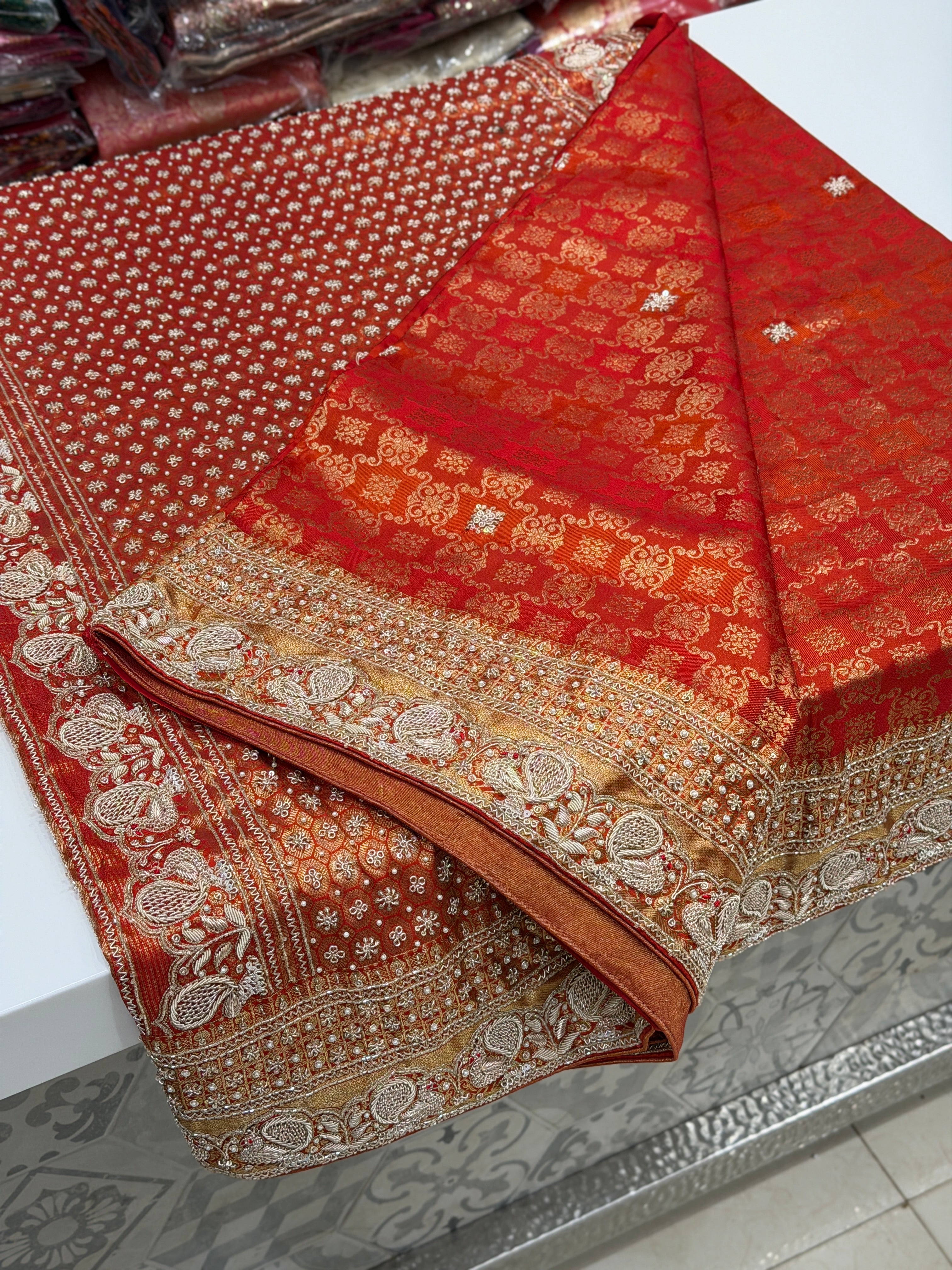 Rust Orange Kanjivaram Peacock Motif Hand Embroidery Zardosi Saree