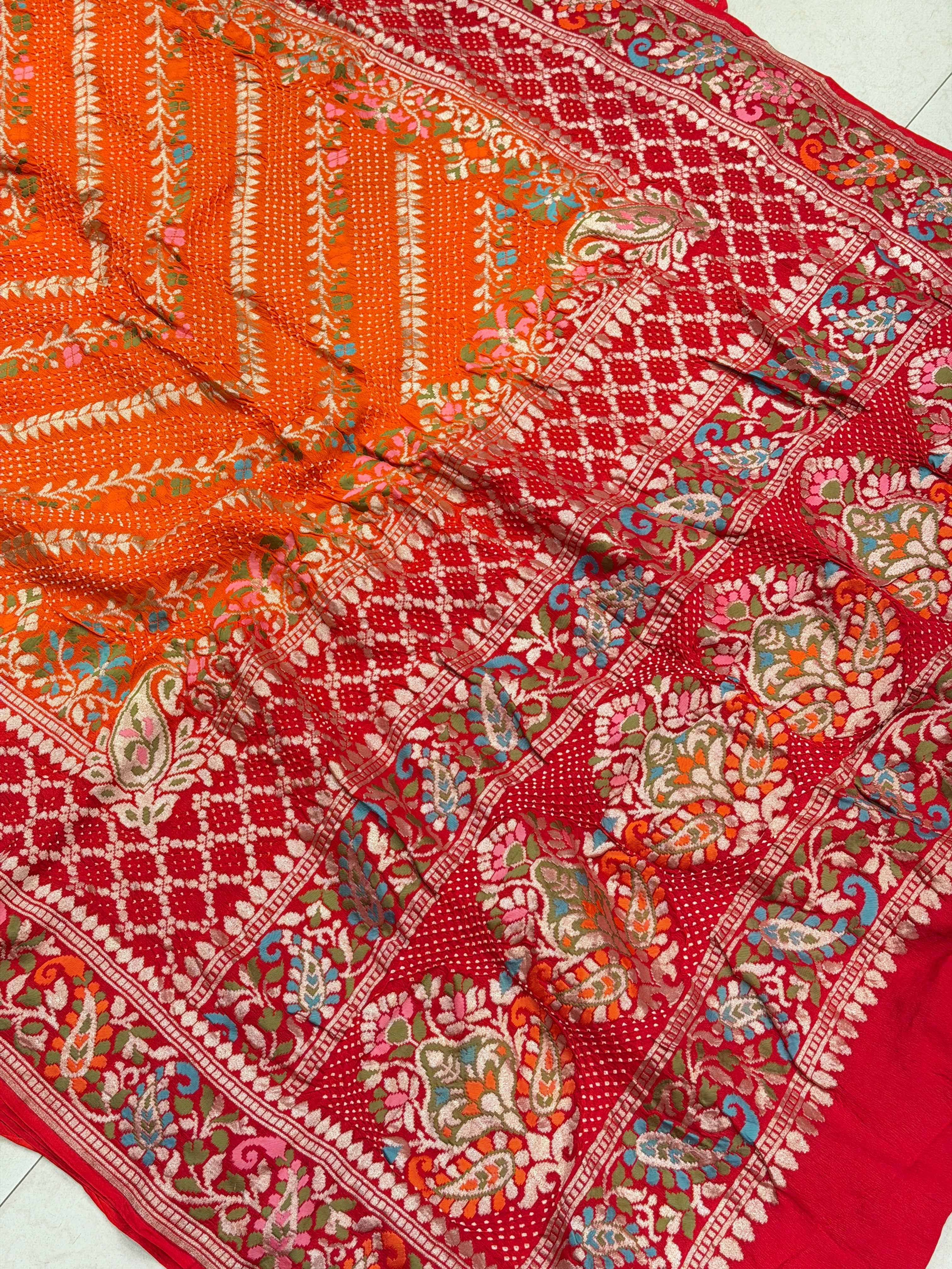 Orange Red Shaded Pashmina Style Double Border Meenakari Rai Bandhej Georgette Saree