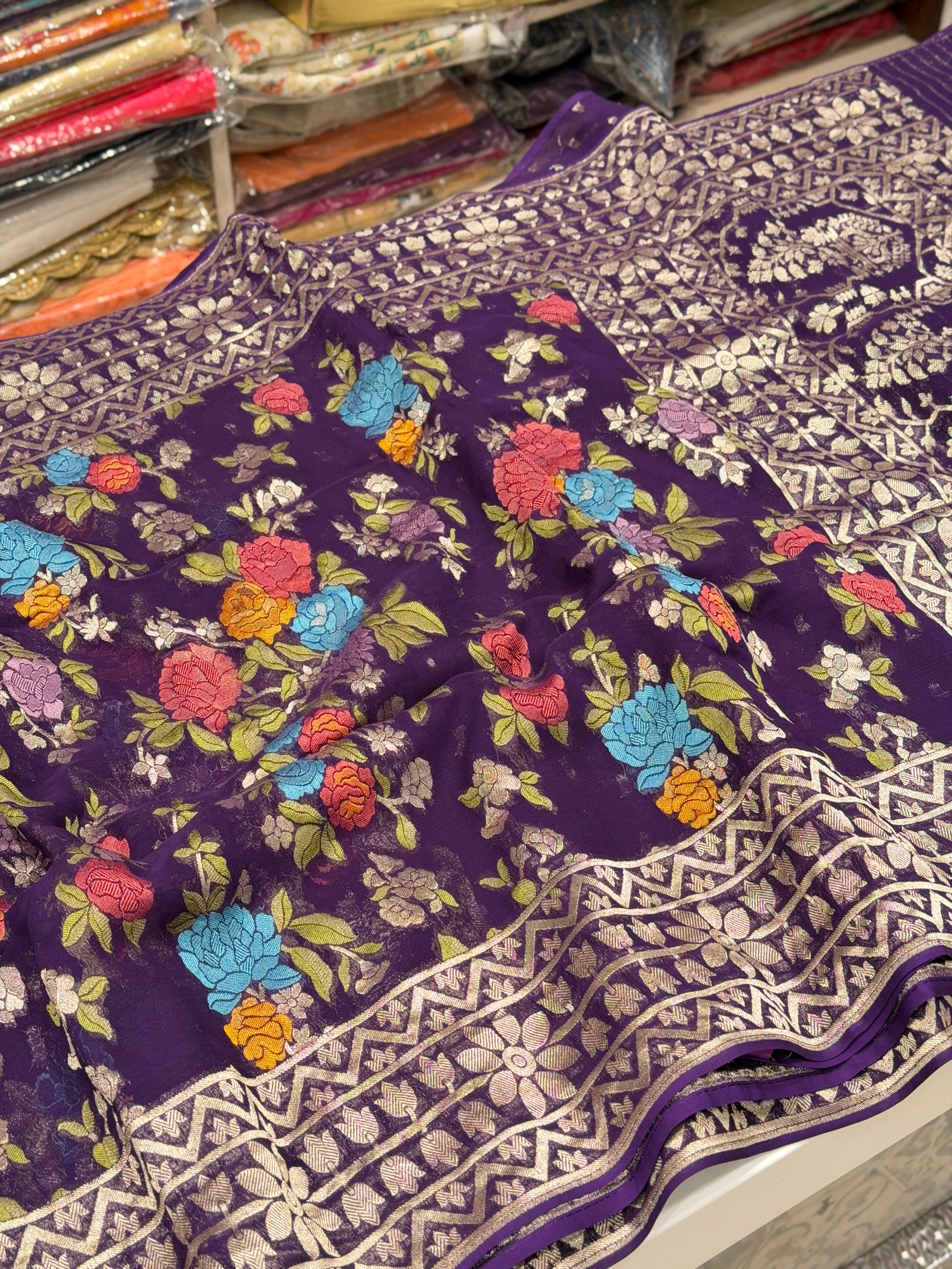 Violet Meenakari Floral Banarasi Khaddi Georgette Saree