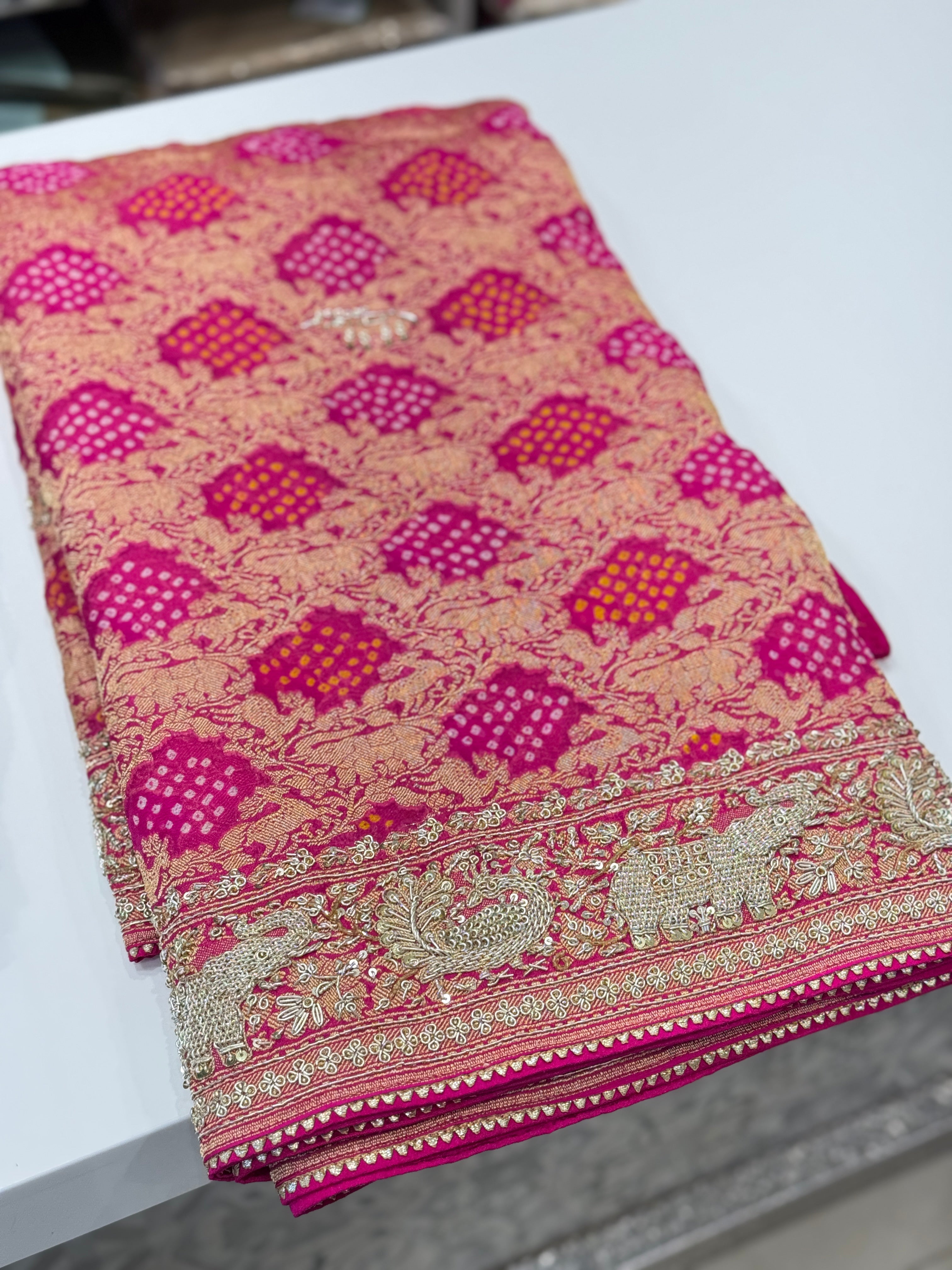 Rani Bandhej Zardosi Hand Embroidery Elephant Border Saree