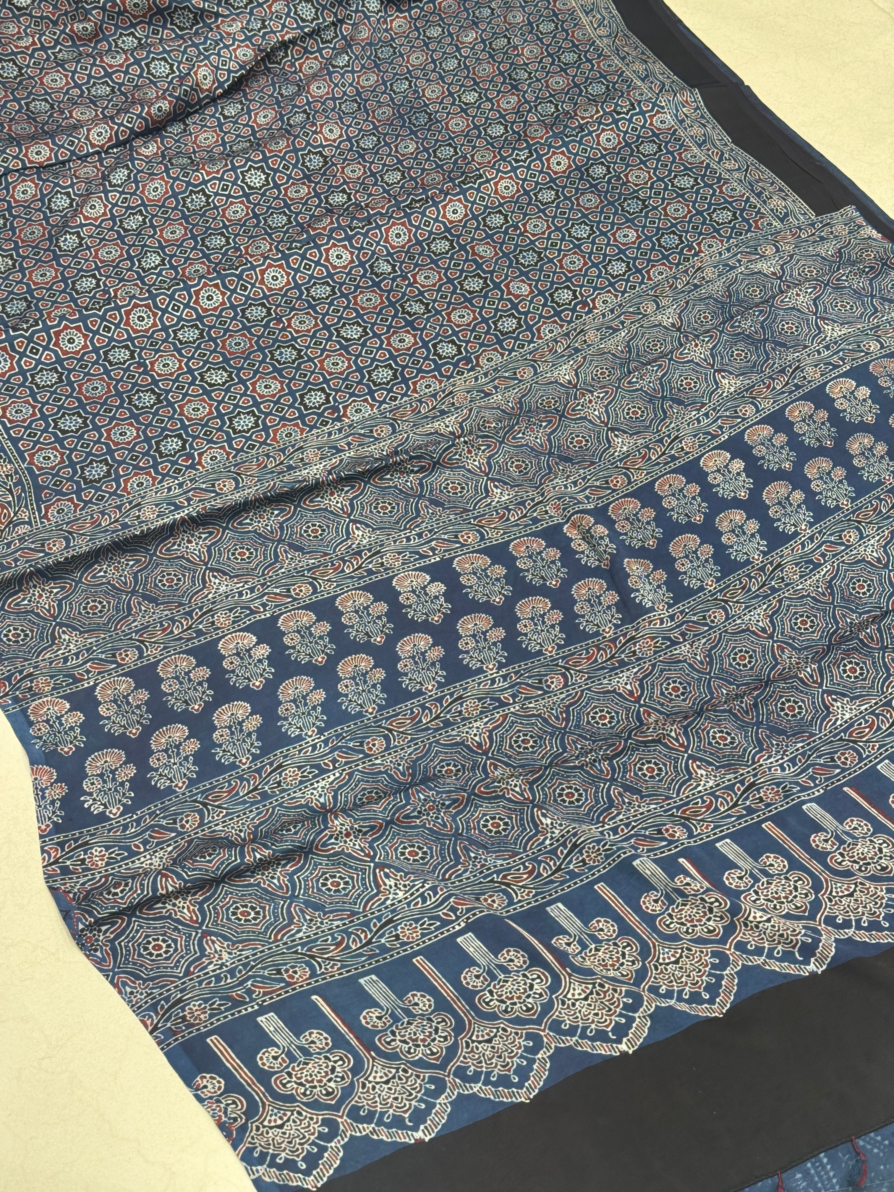 Blue Star Buttas Hand Block Print Ajrkah Pure Gajji Silk Saree