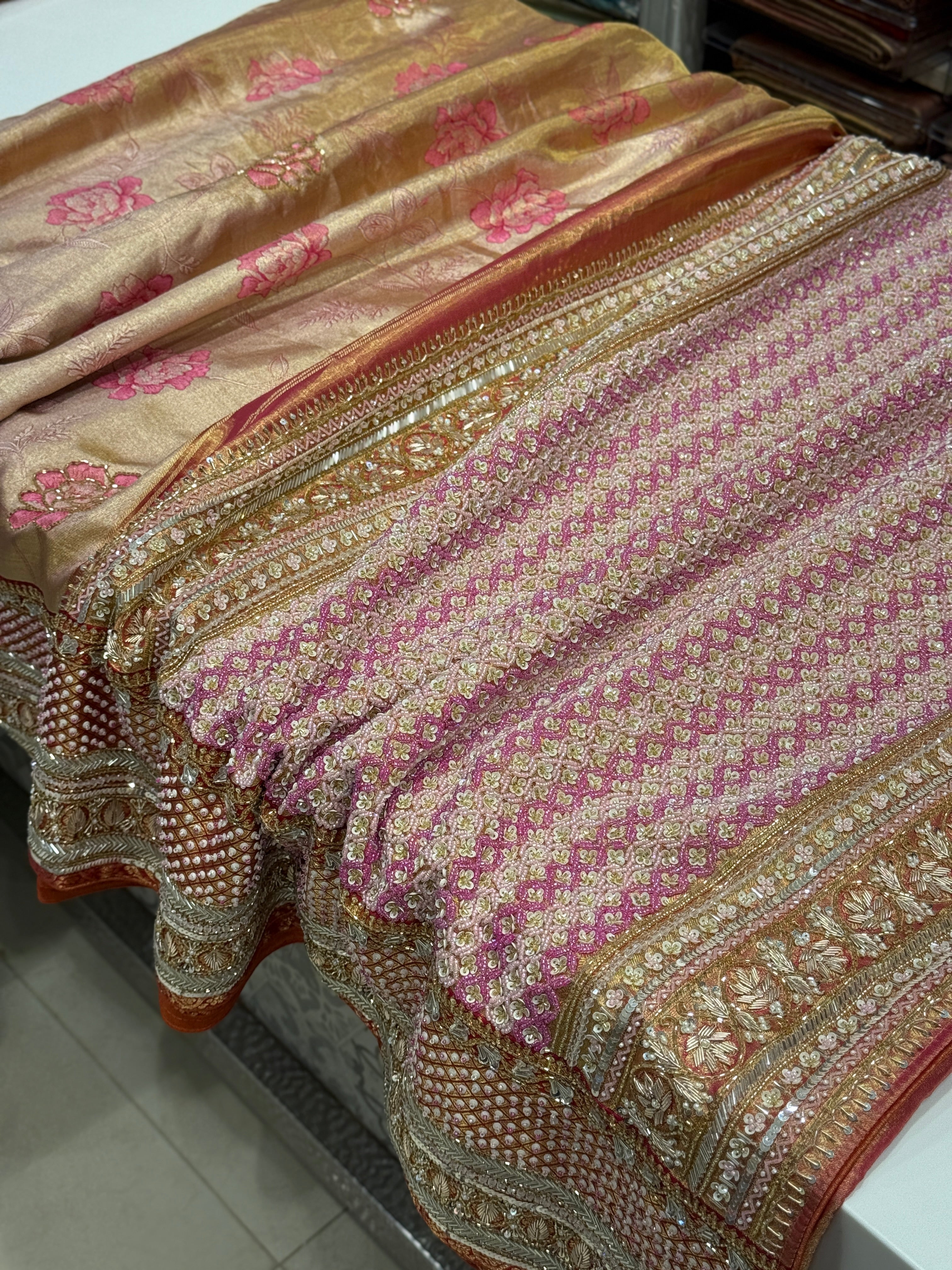 Rani Pink Rose Edit Tissue Kanjivaram Hand Embroidery Saree