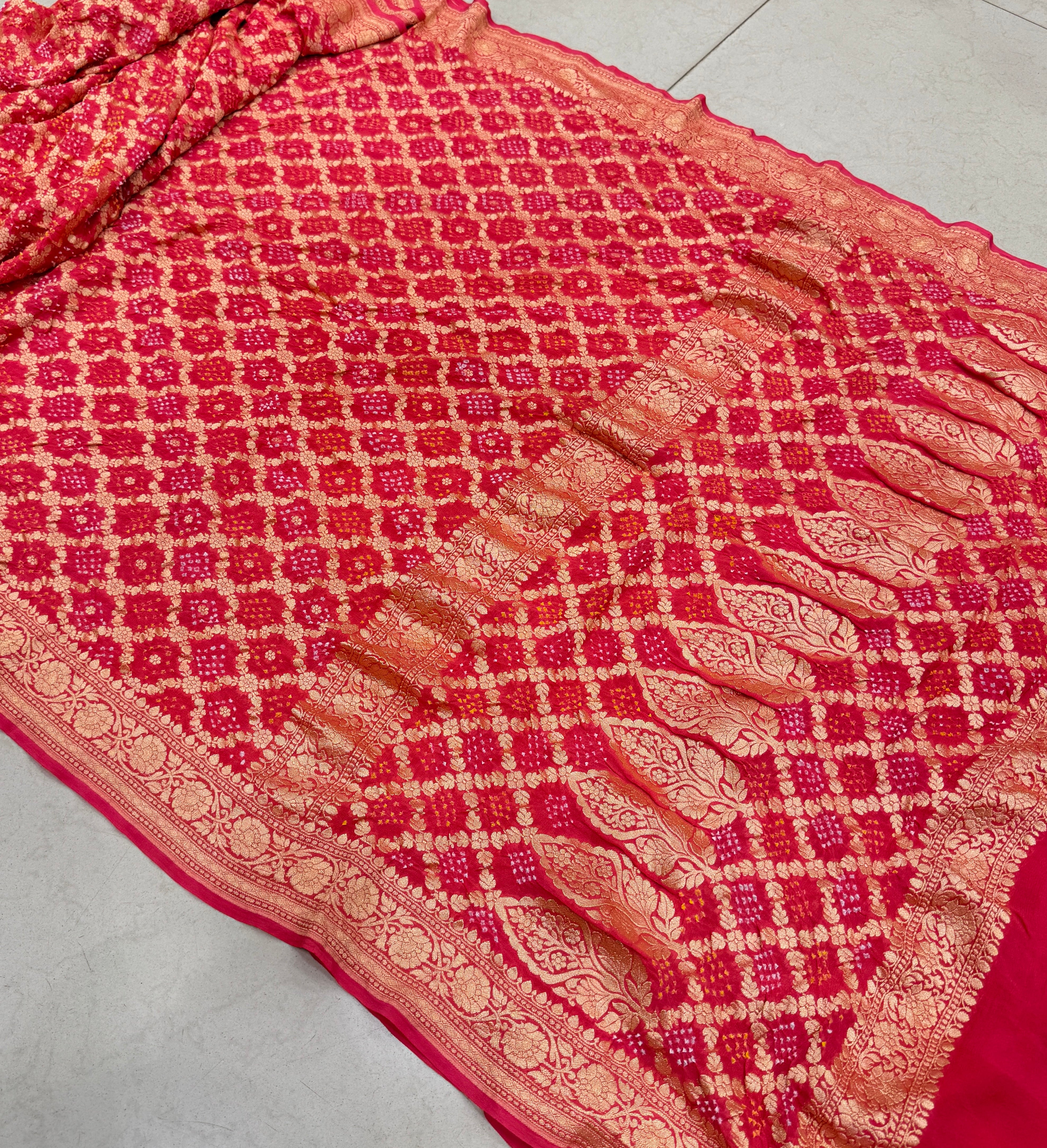 Peach Garnet Bandhej Bandhini Saree