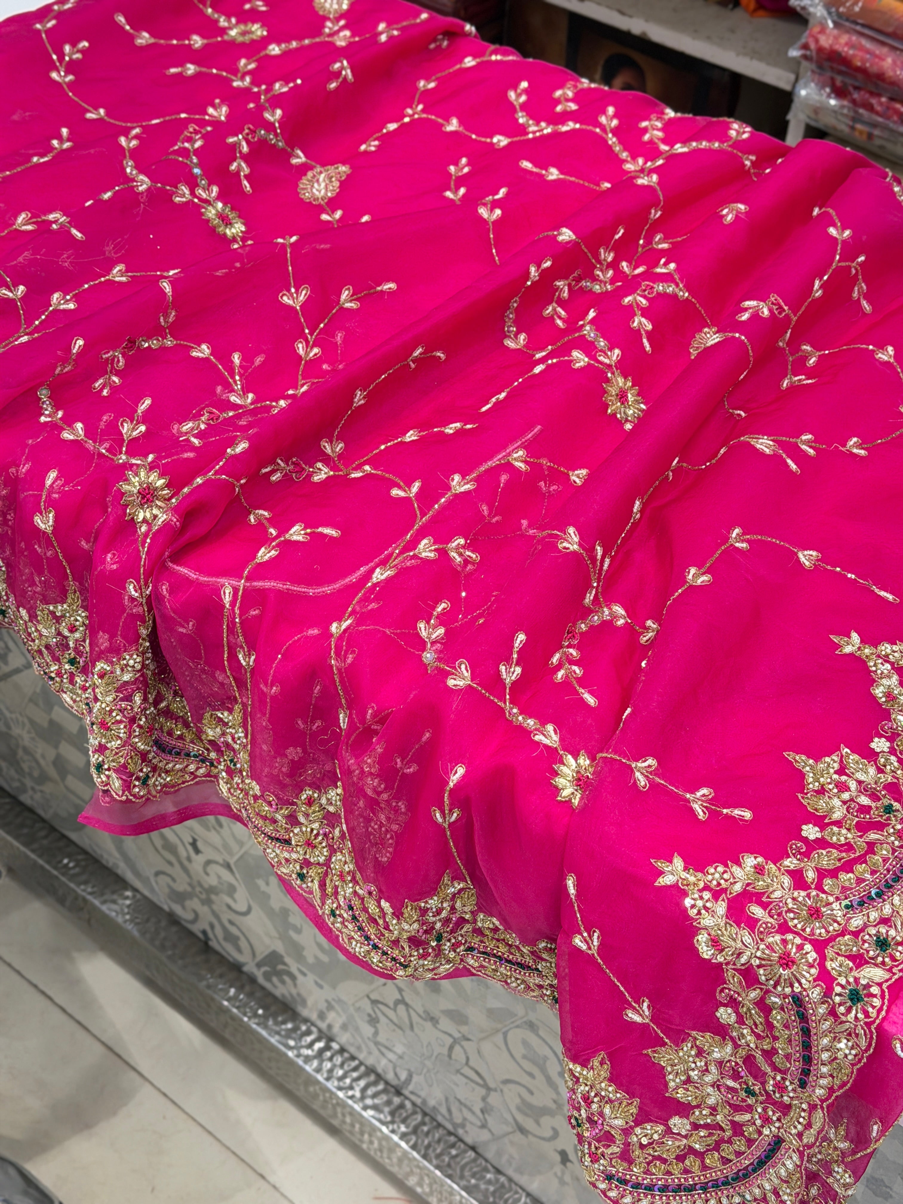 Rani Pink Organza Zardosi Resham Hand Embroidery Saree