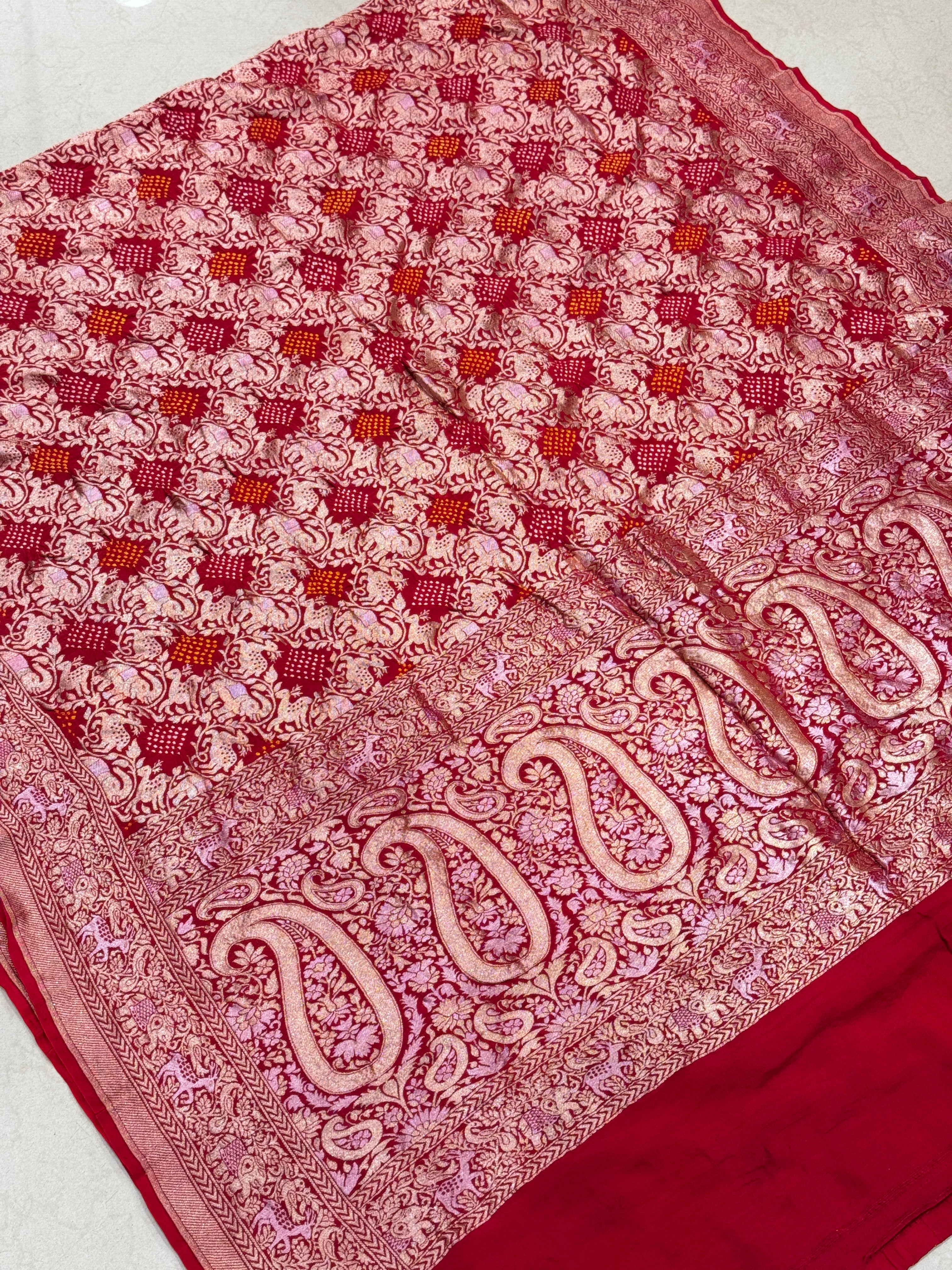 Red Kadwa Weave Bandhej Saree