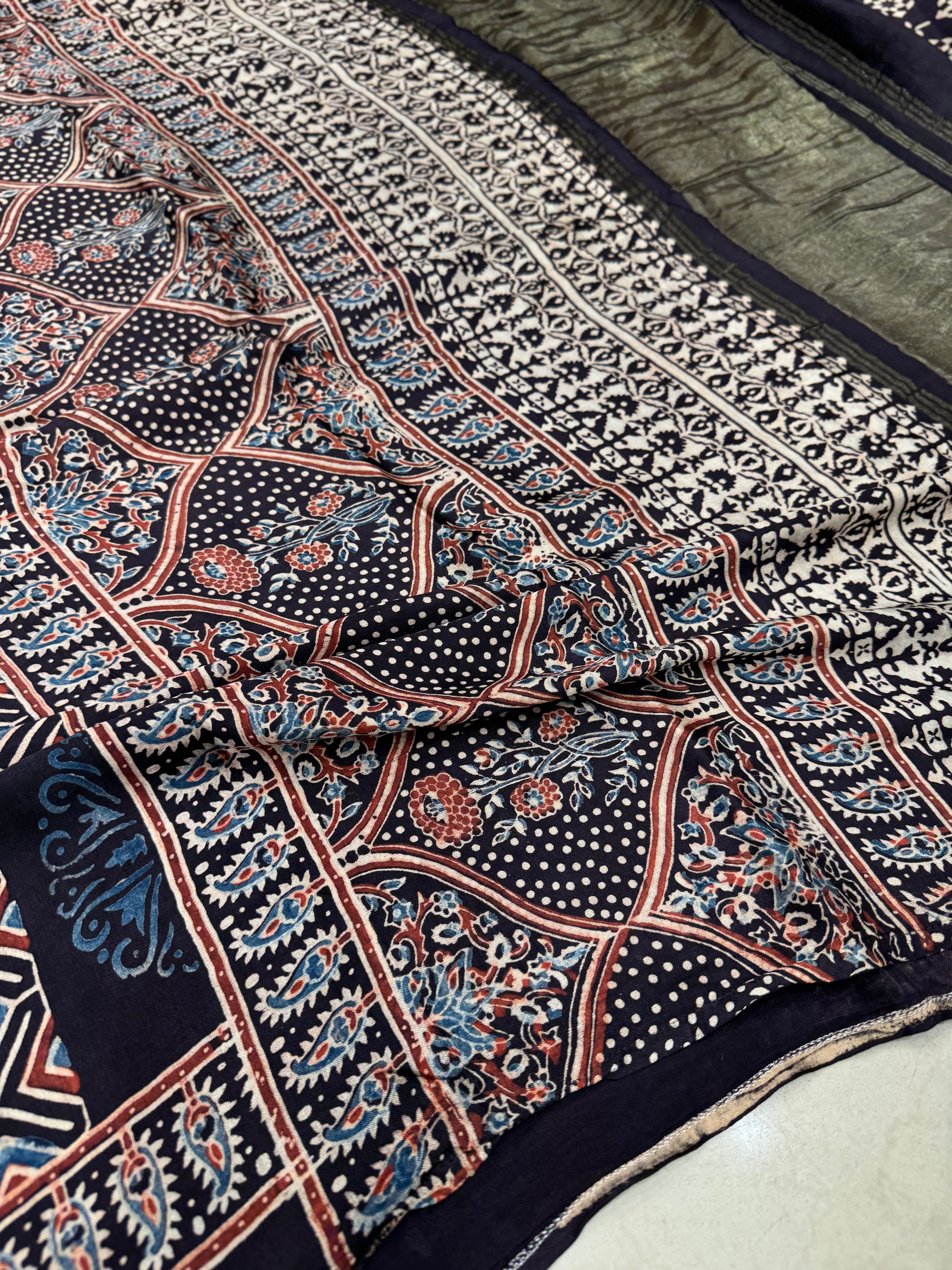 Multi Traditional Check Ajrakh Modal Gajji Silk Saree
