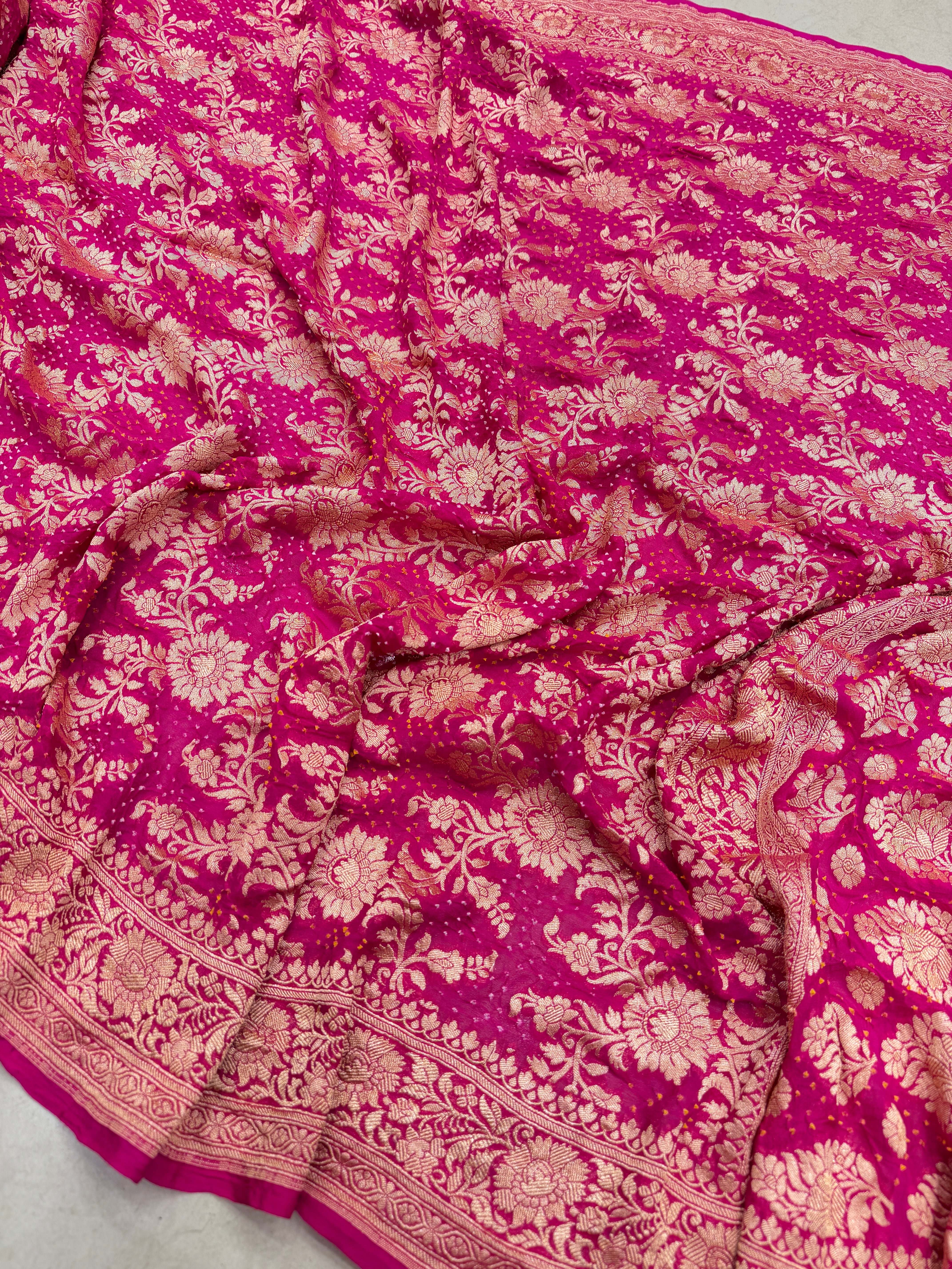 Rani Pink Georgette Handloom Bandhej Bandhini Saree