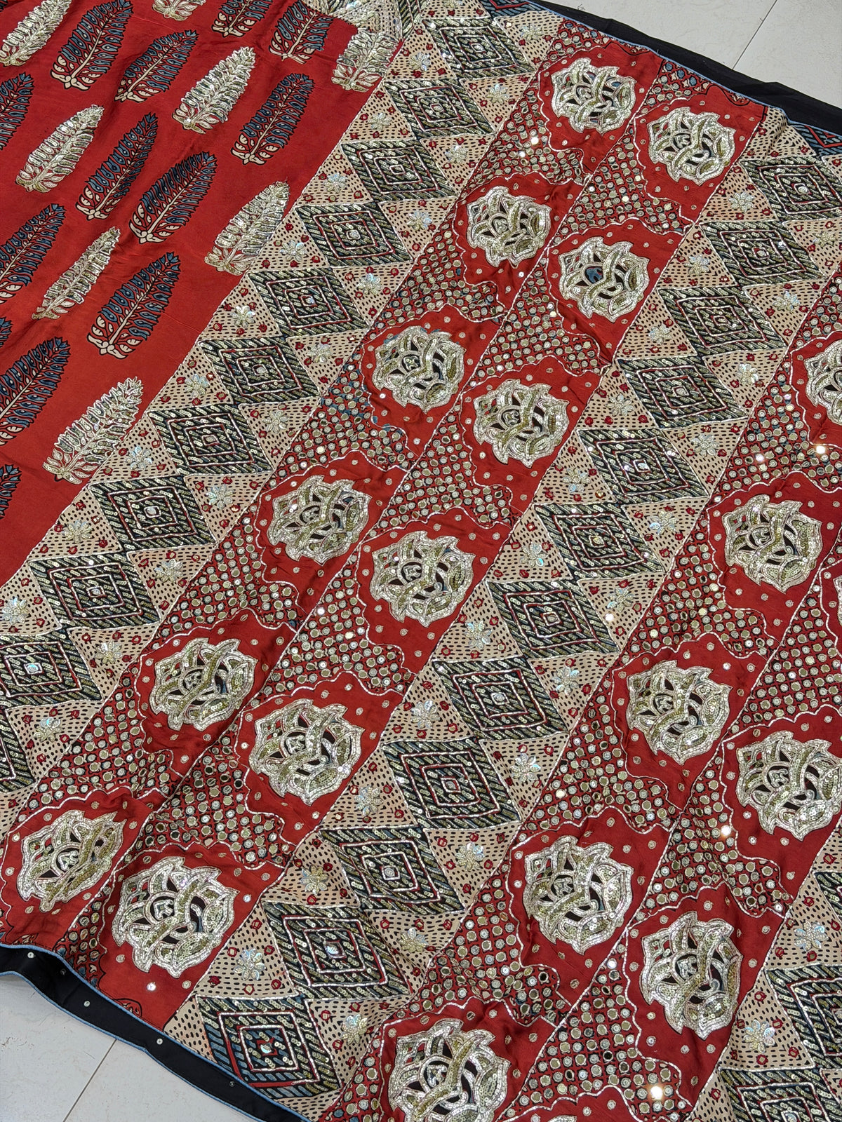 Red Buttas Pita Zardosi Sequin Ajrakh Hand Embroidery Saree