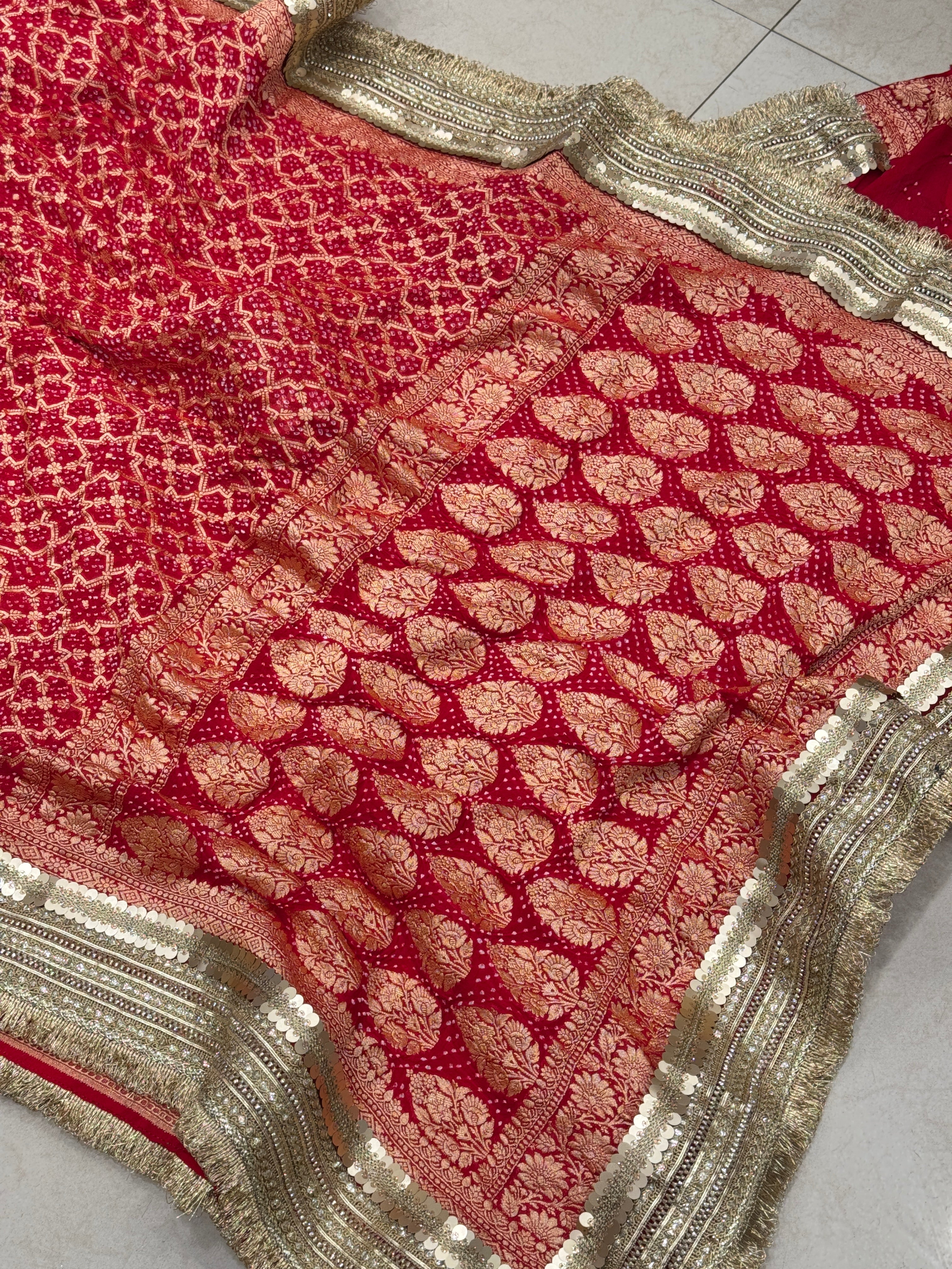 Red Bandhej Maharani Style Saree