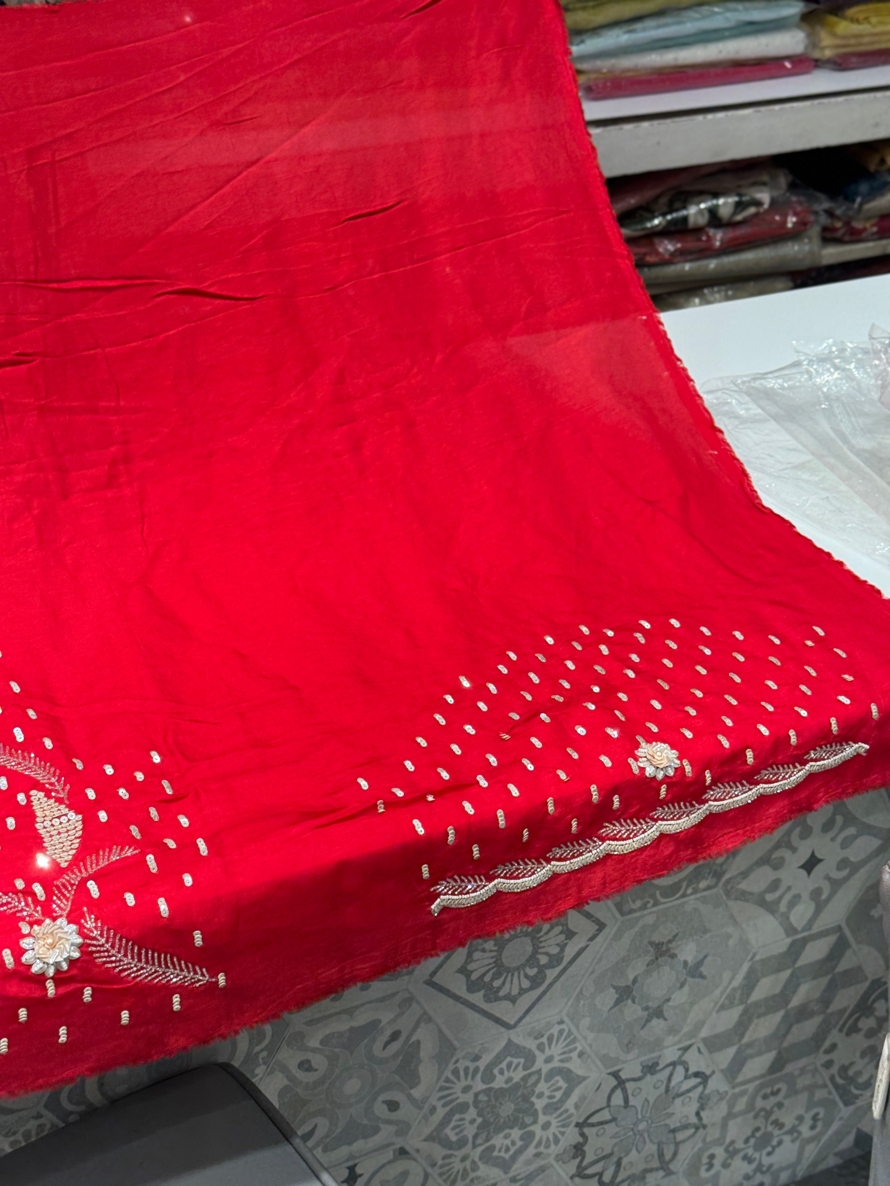 Red Satin Organza Embroidery Saree