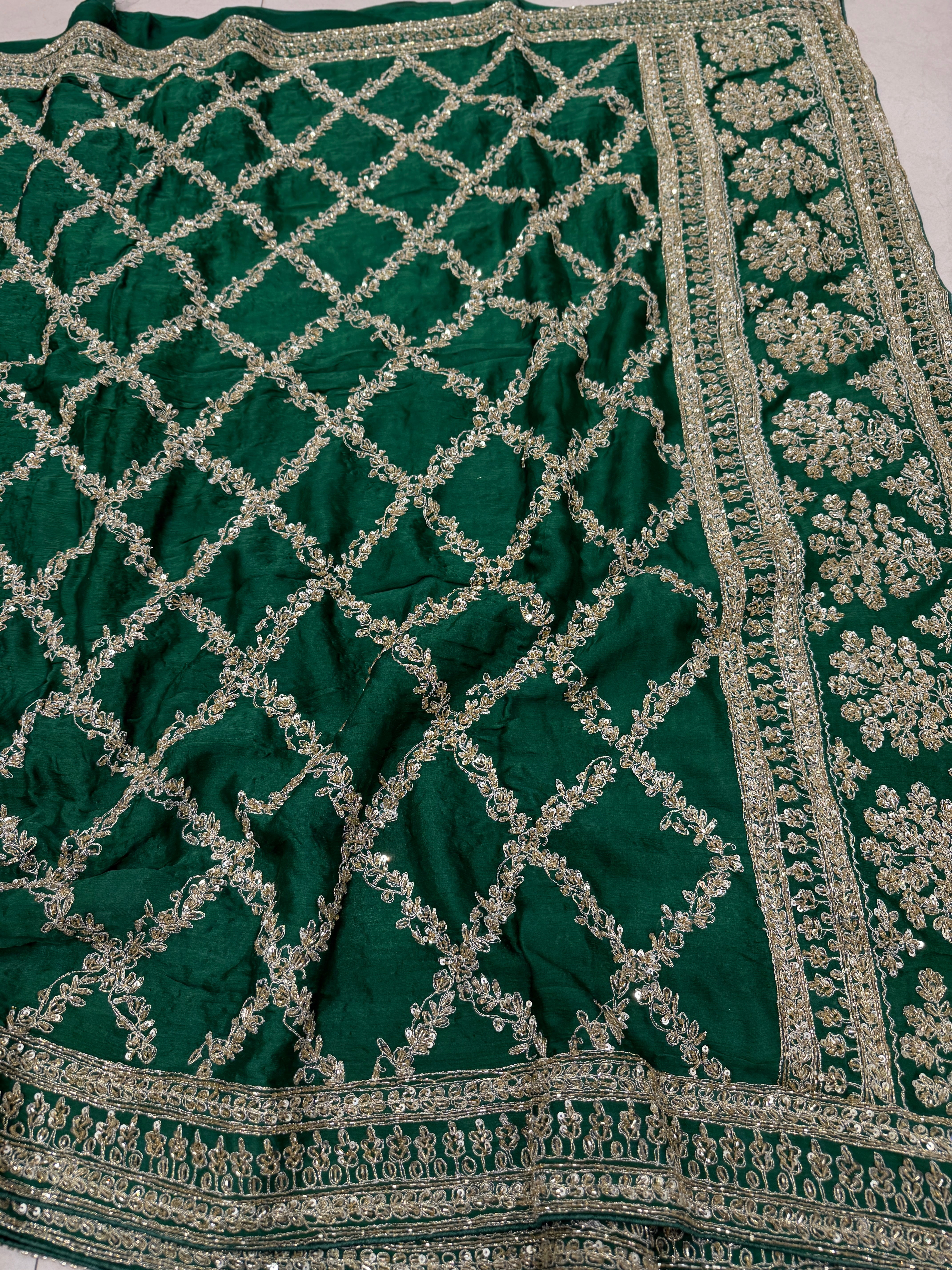 Bottle Green Crepe Satin Sabyasachi Inspired Zardosi Jaal Embroidery Saree