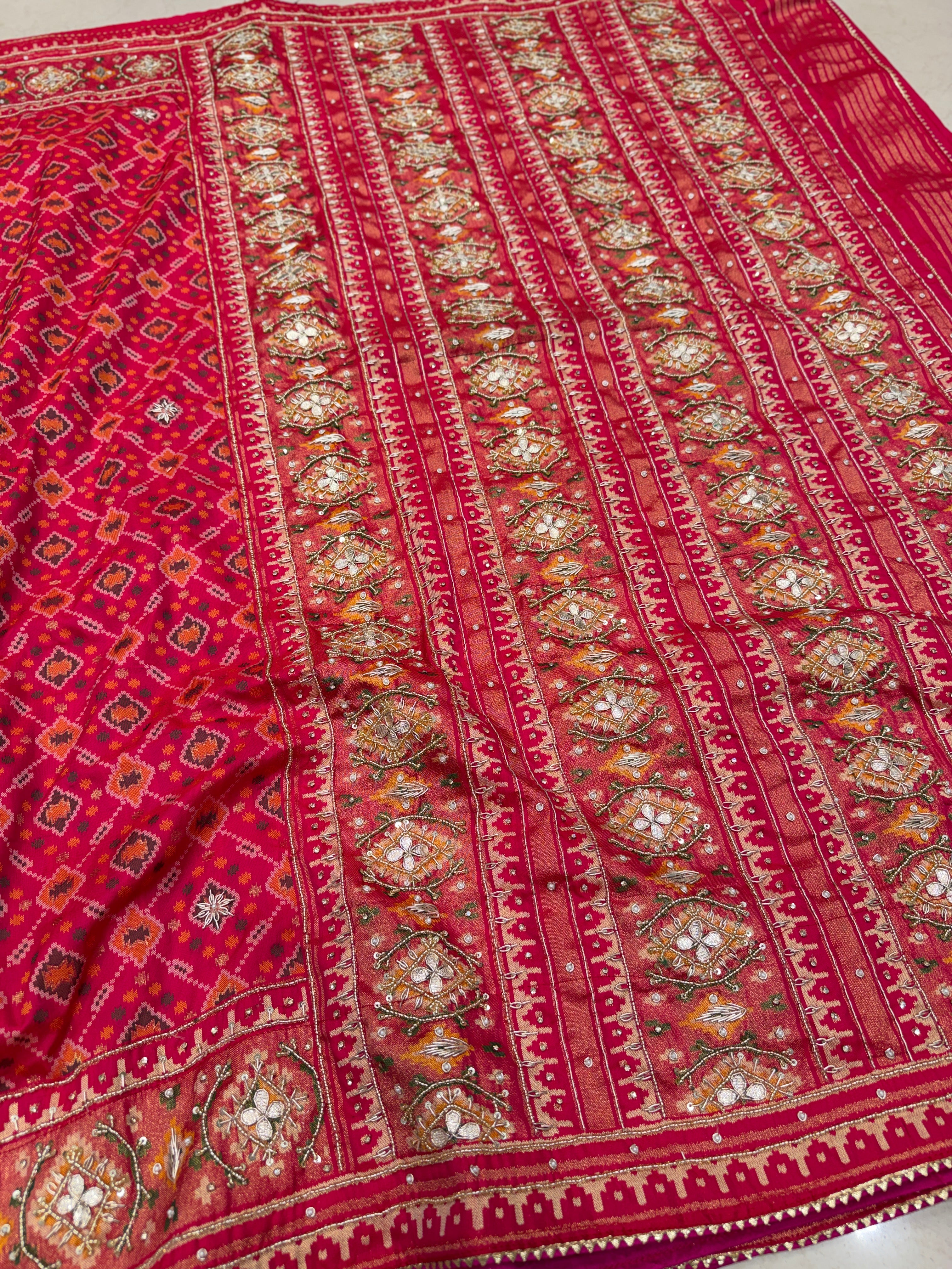 Rani Patola Cross Jaal Hand Embroidery Saree