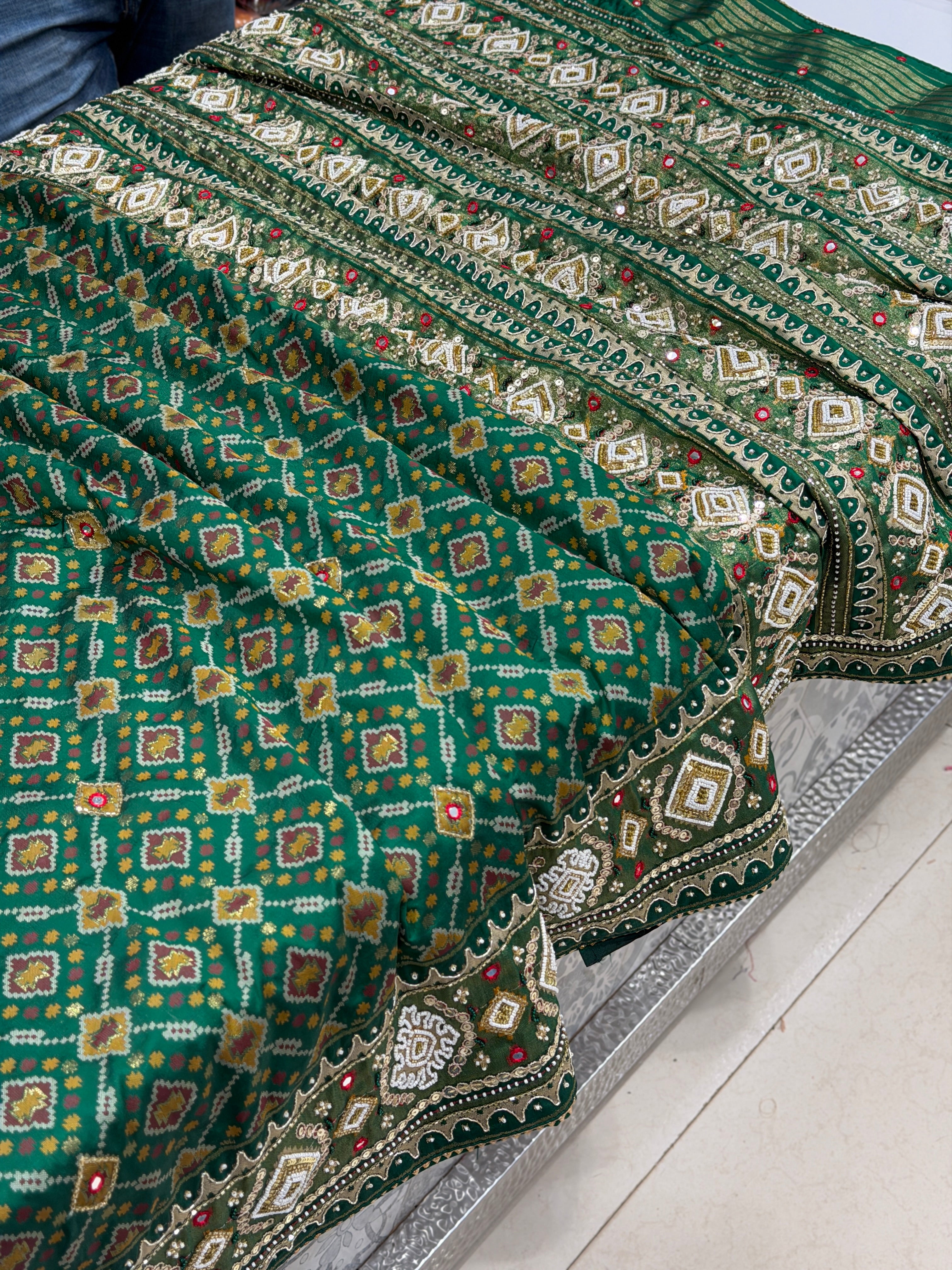 Bottle Green Patola Small Jaal Ikat Kidiya Moti Hand Embroidery Saree