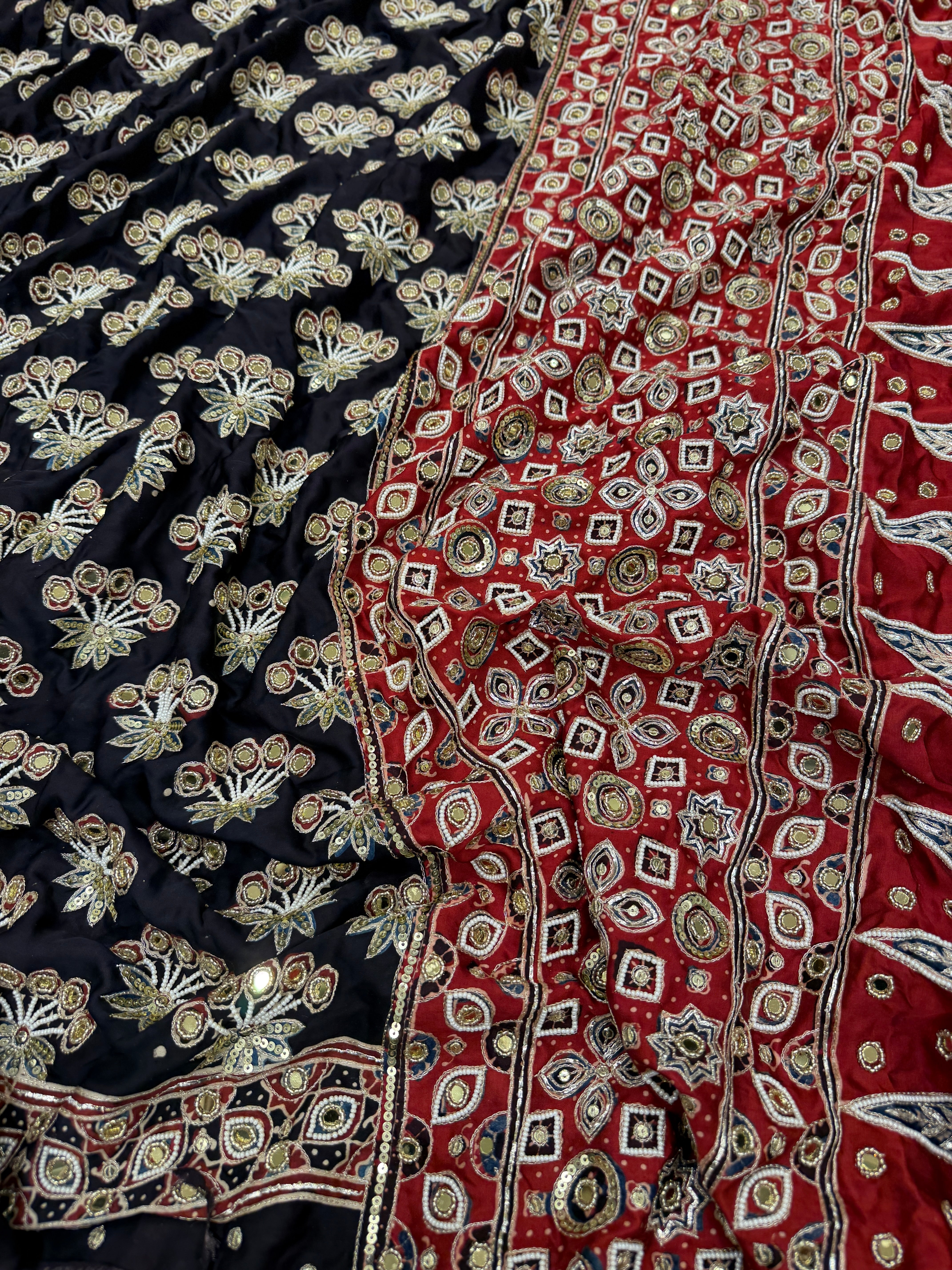 Black Butta Red Pallu Pita Sequin Moti Ajrakh Hand Embroidery Saree