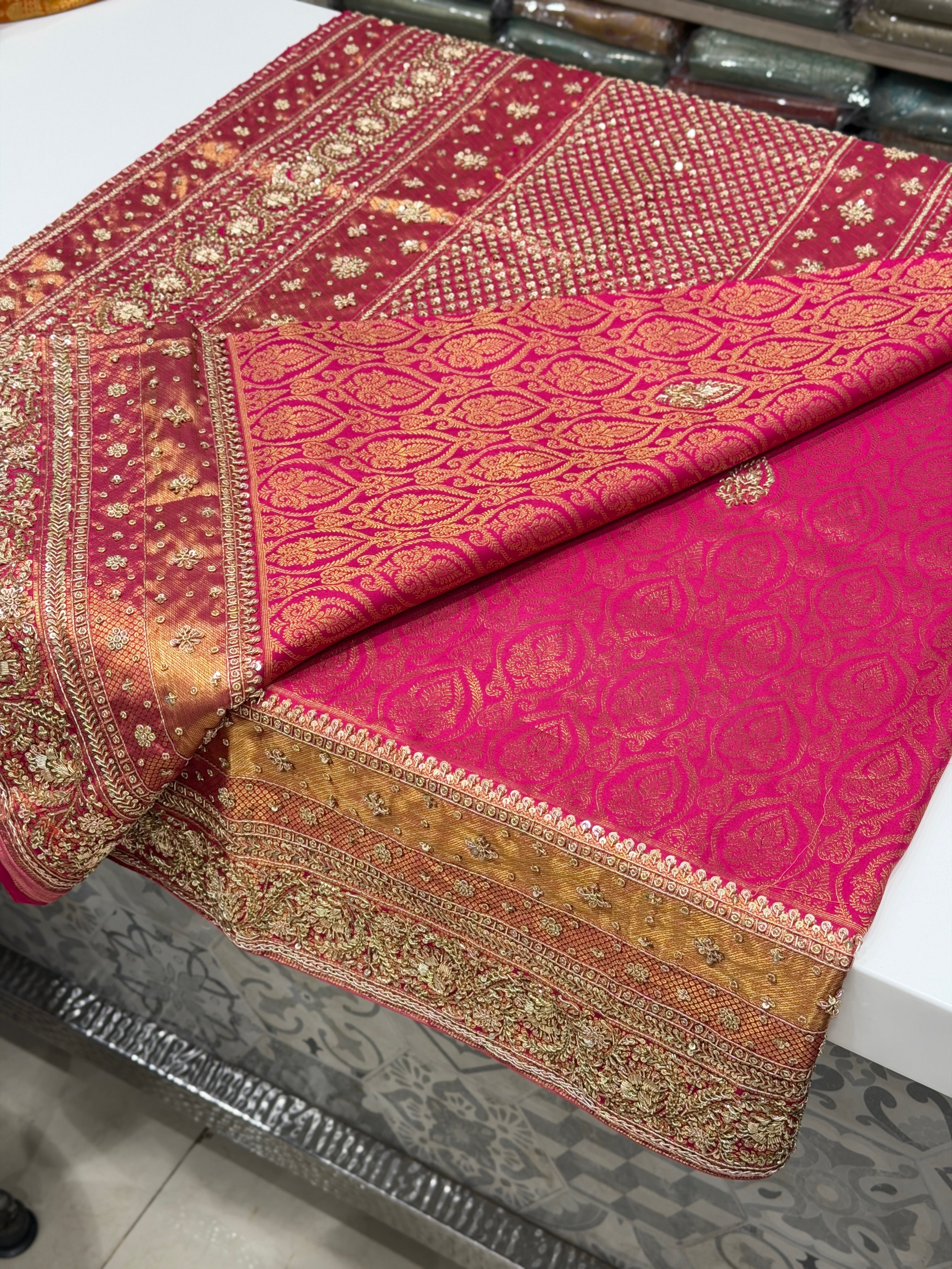 Rani Pink Keri Jaal Kanjivaram Hand Embroidery Zardosi Saree