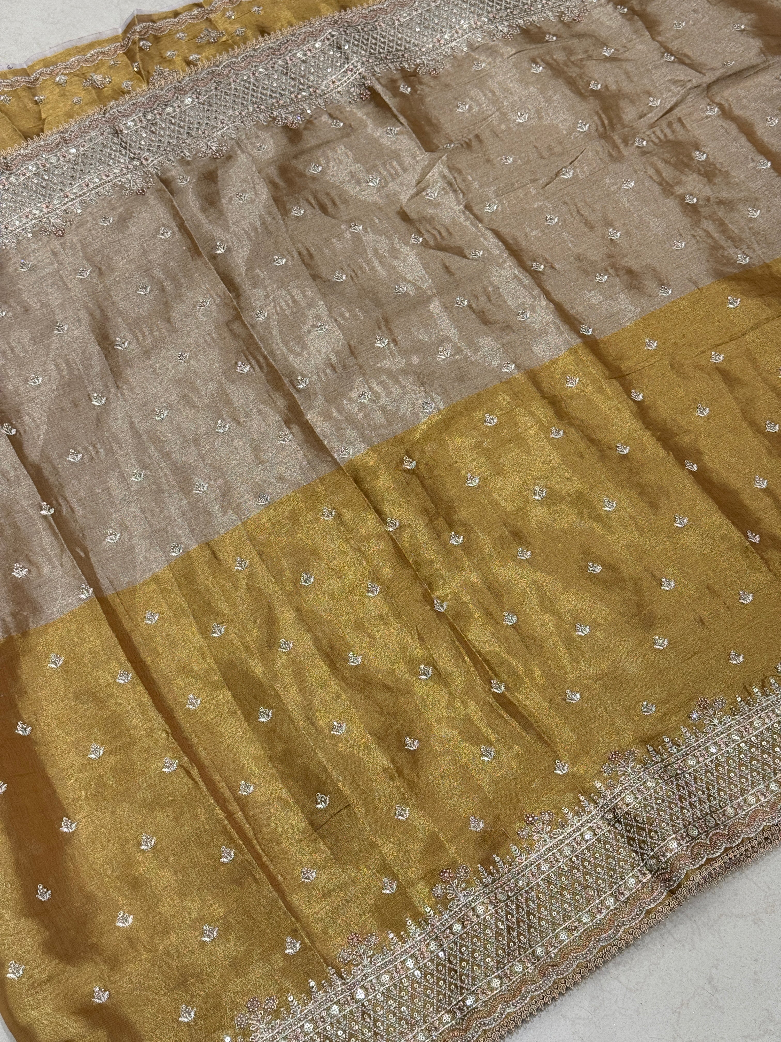 Golden Silver Soft Tissue Pita Embroidery Saree