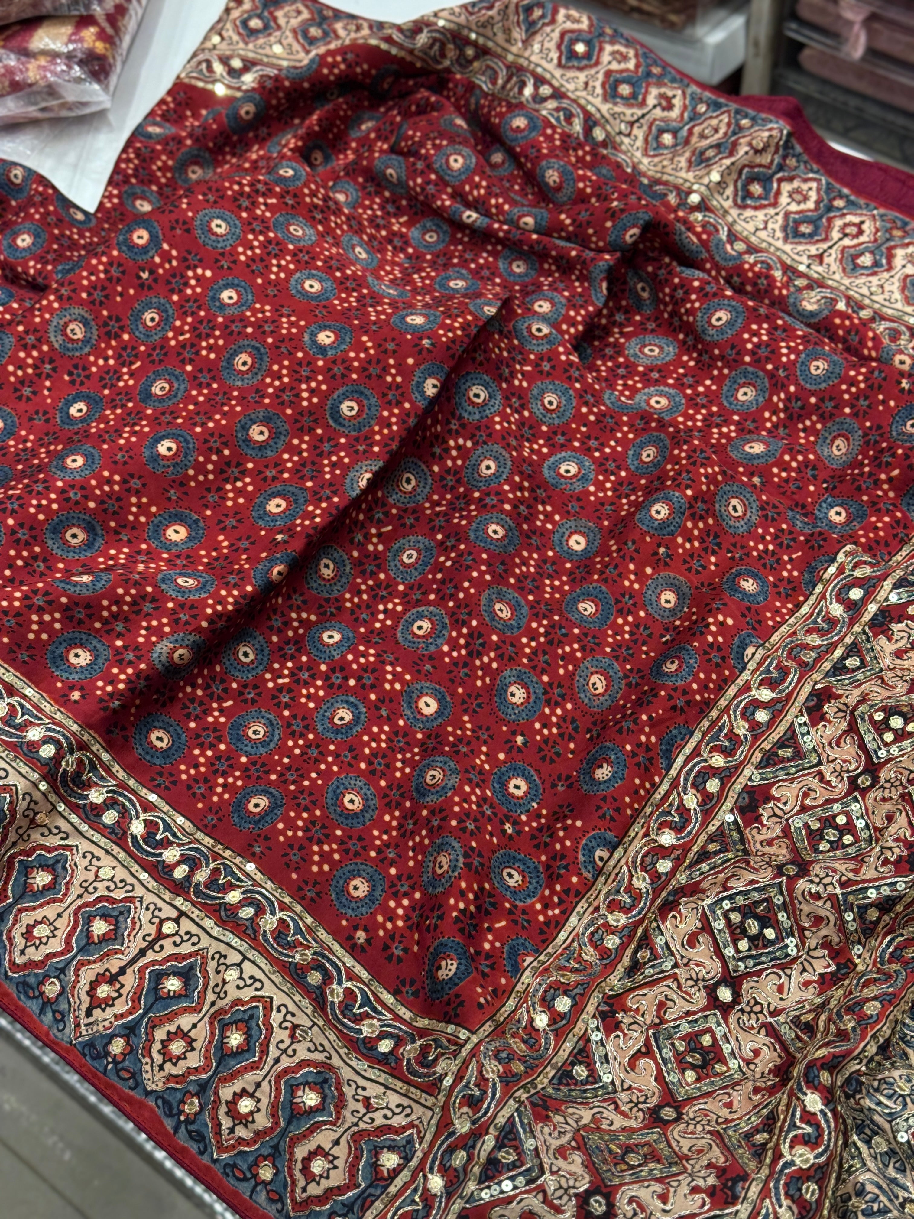 Red Blue Buttis Pita Zardosi Sequin Ajrakh Hand Embroidery Saree