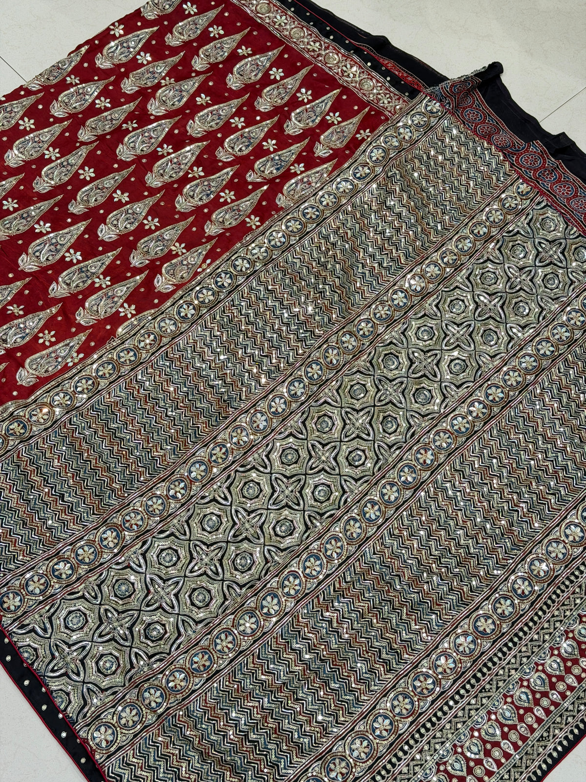 Red Buttas Pita Zardosi Sequin Ajrakh Hand Embroidery Saree