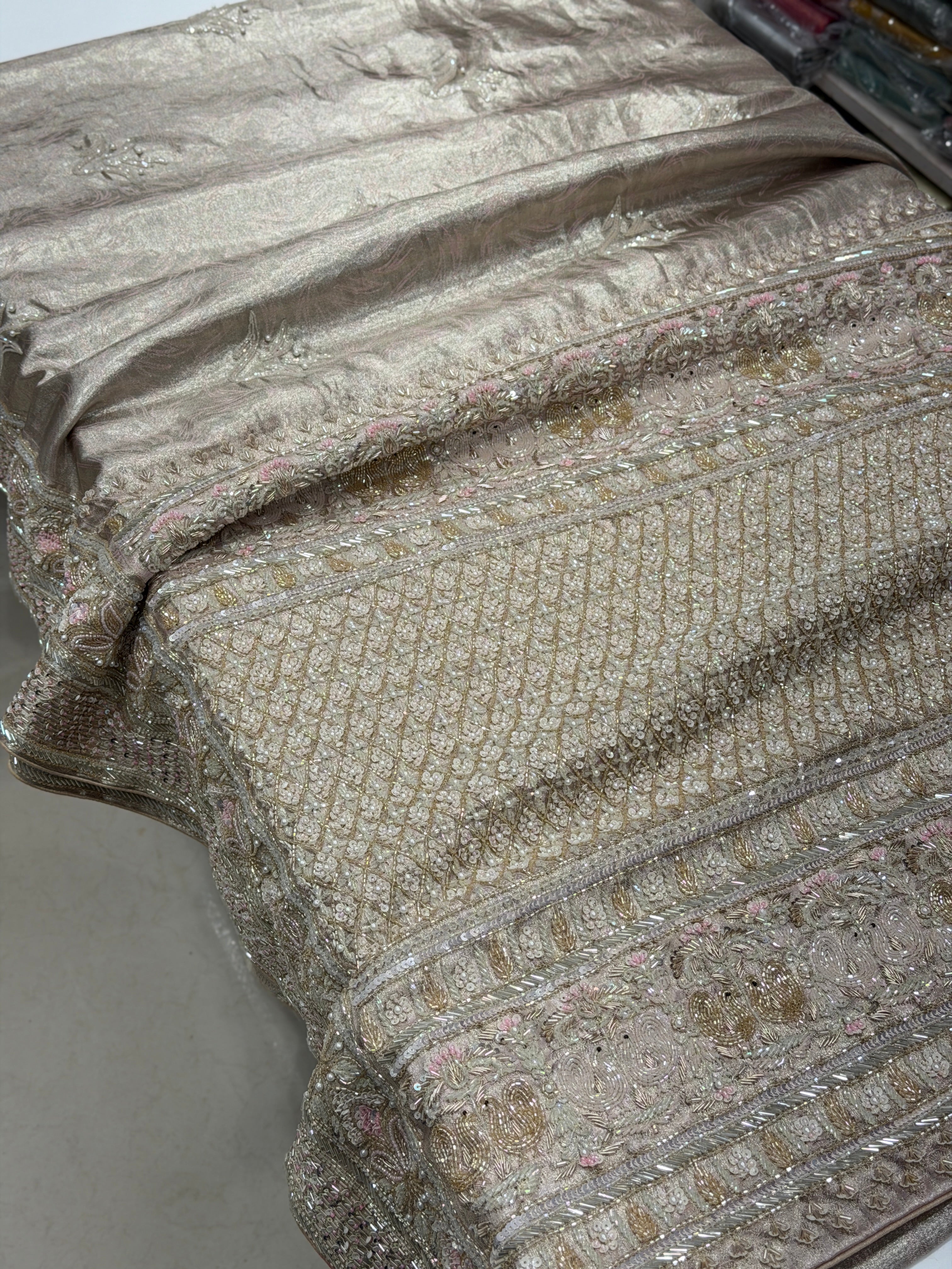 Pink Silver Kanjivaram Three Zari Hand Embroidery Zardosi Moti Sequin Saree