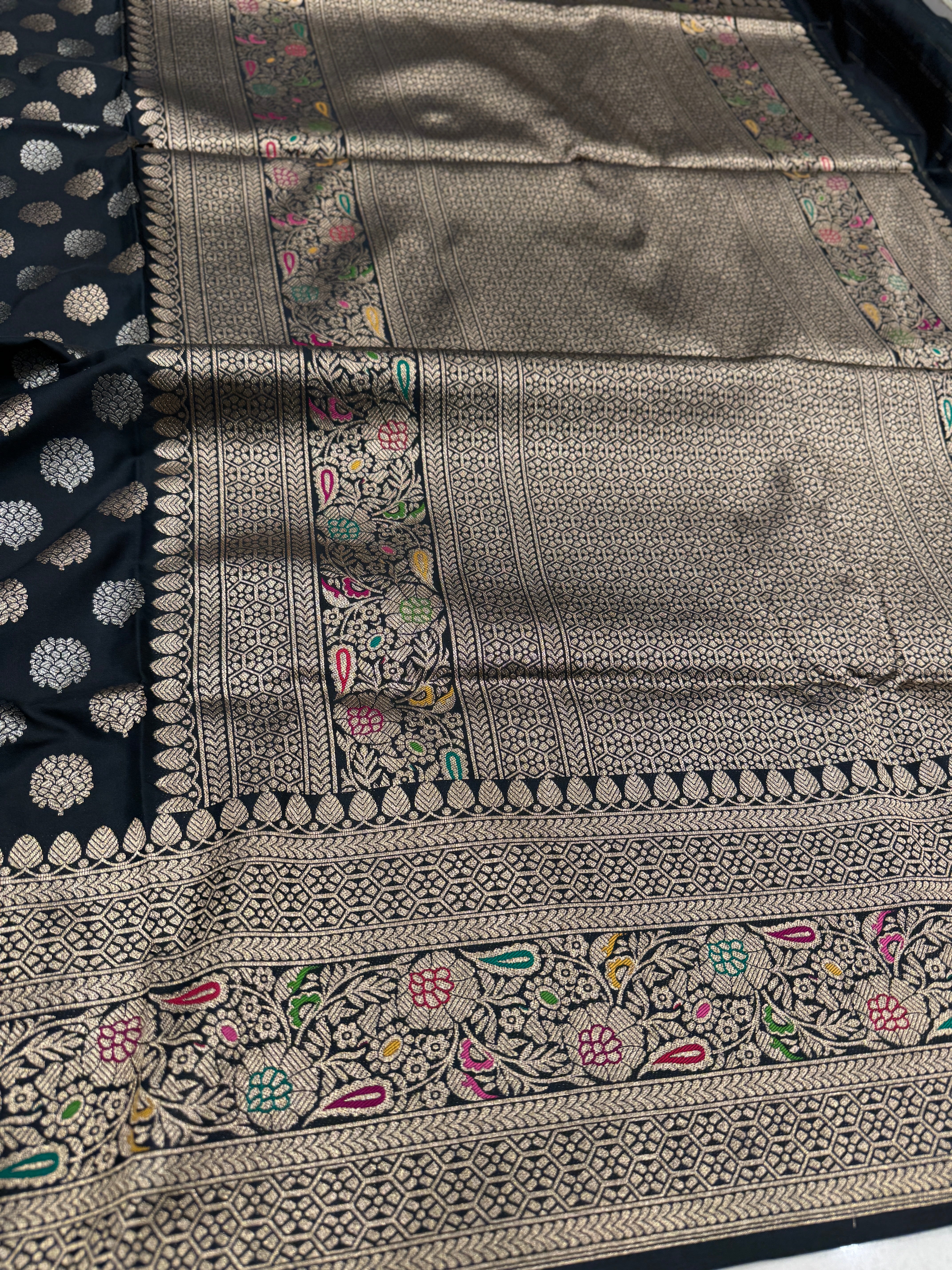 Black Butti Banarasi Silk Meena Border Saree
