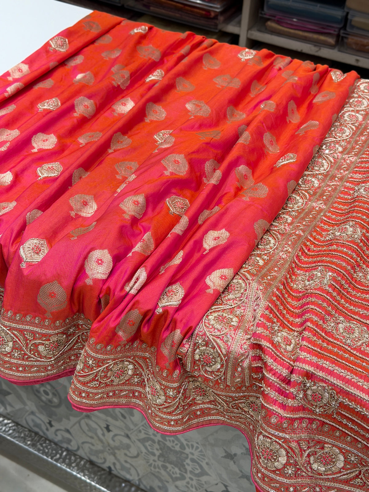 Cross Rani Handloom Banarasi Katan Silk Zardosi Hand Embroidery Saree