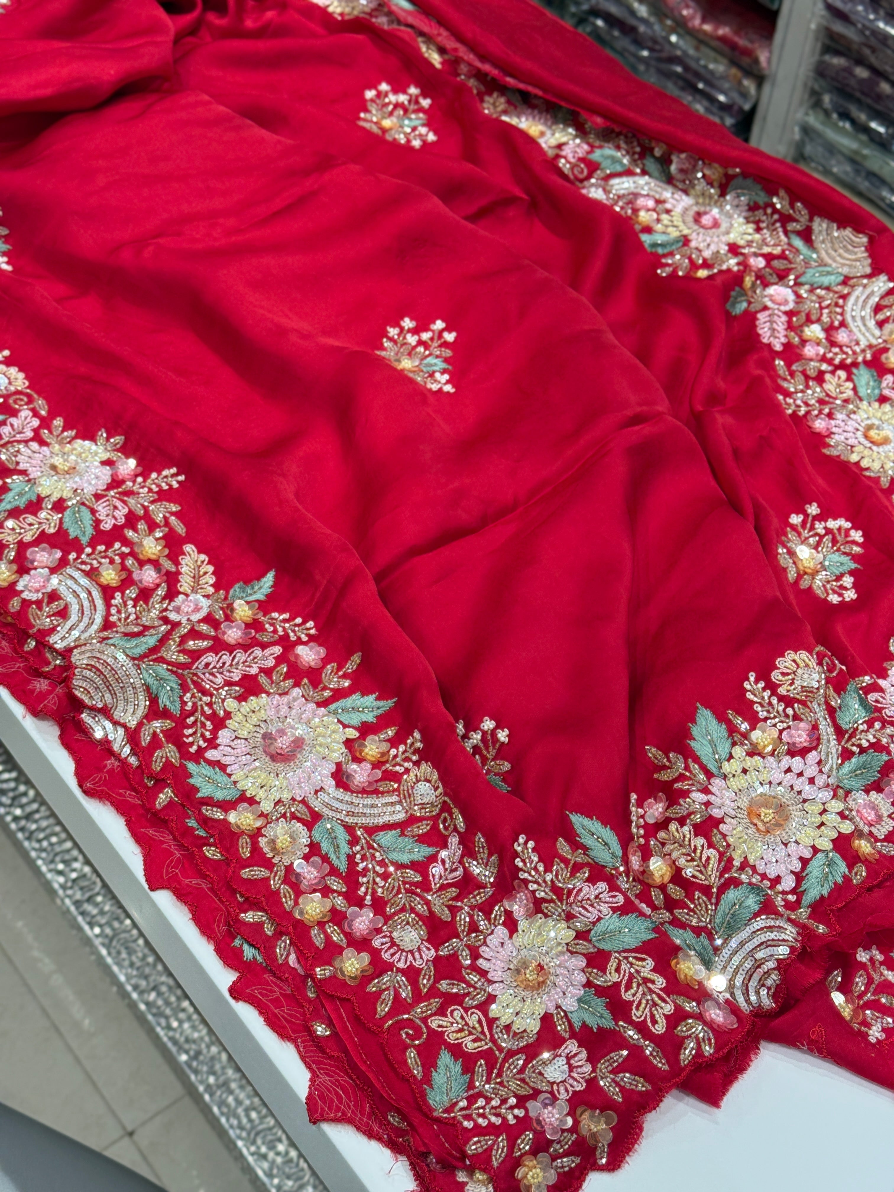Red Satin Multi Colour Sequin Hand Embroidery Saree